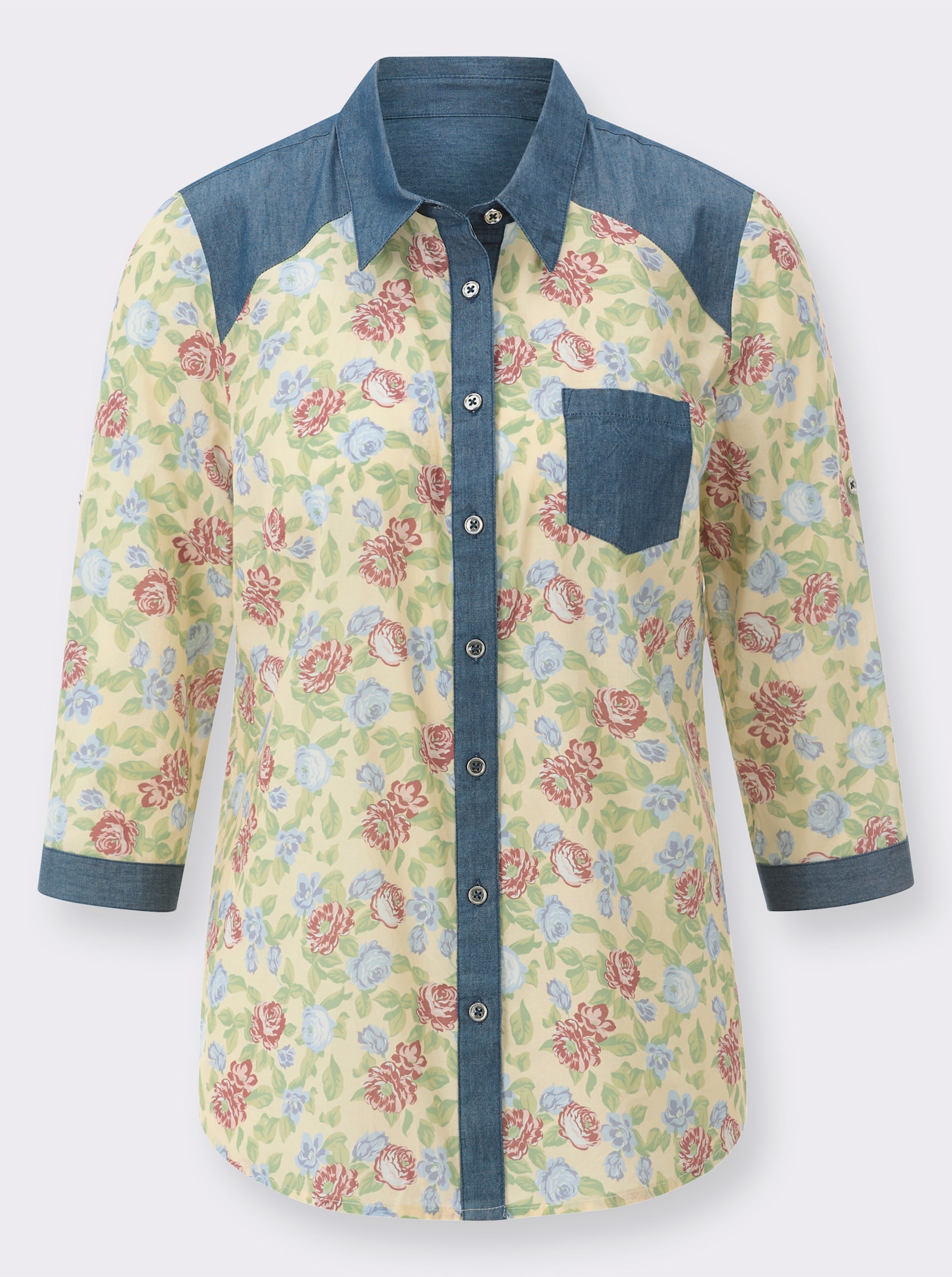 Blouse met print met jeansaccenten - vanille/lindegroen bedrukt