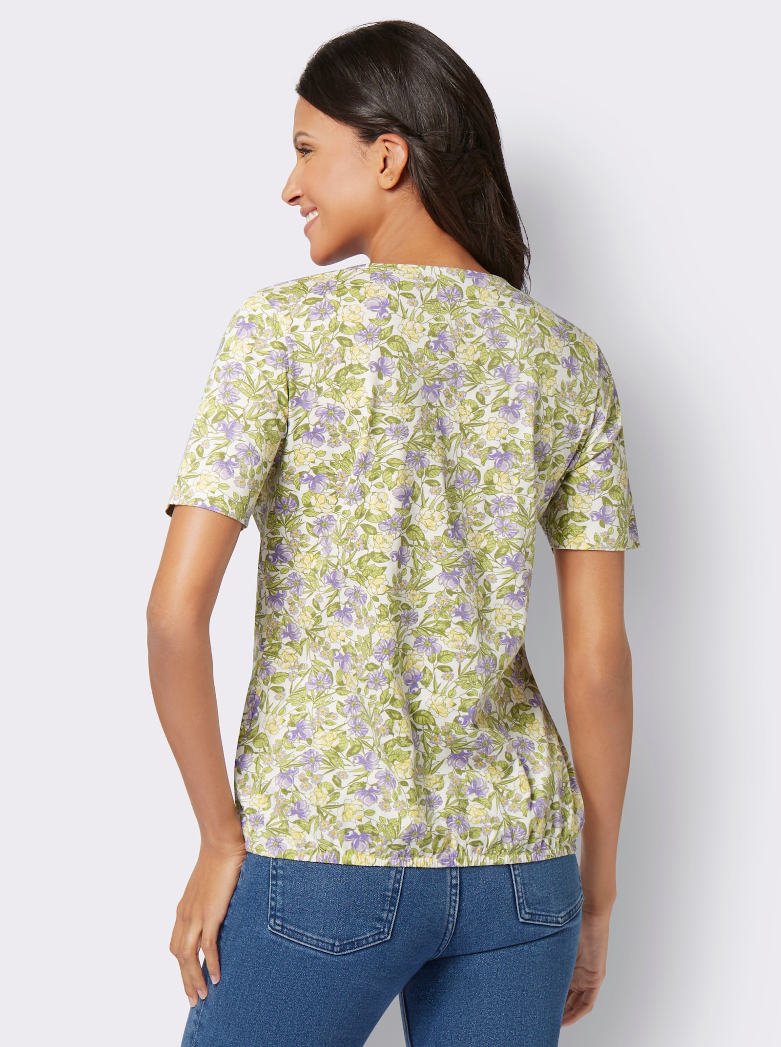 Kurzarmshirt mit elastischem Saum - champagner-flieder-bedruckt