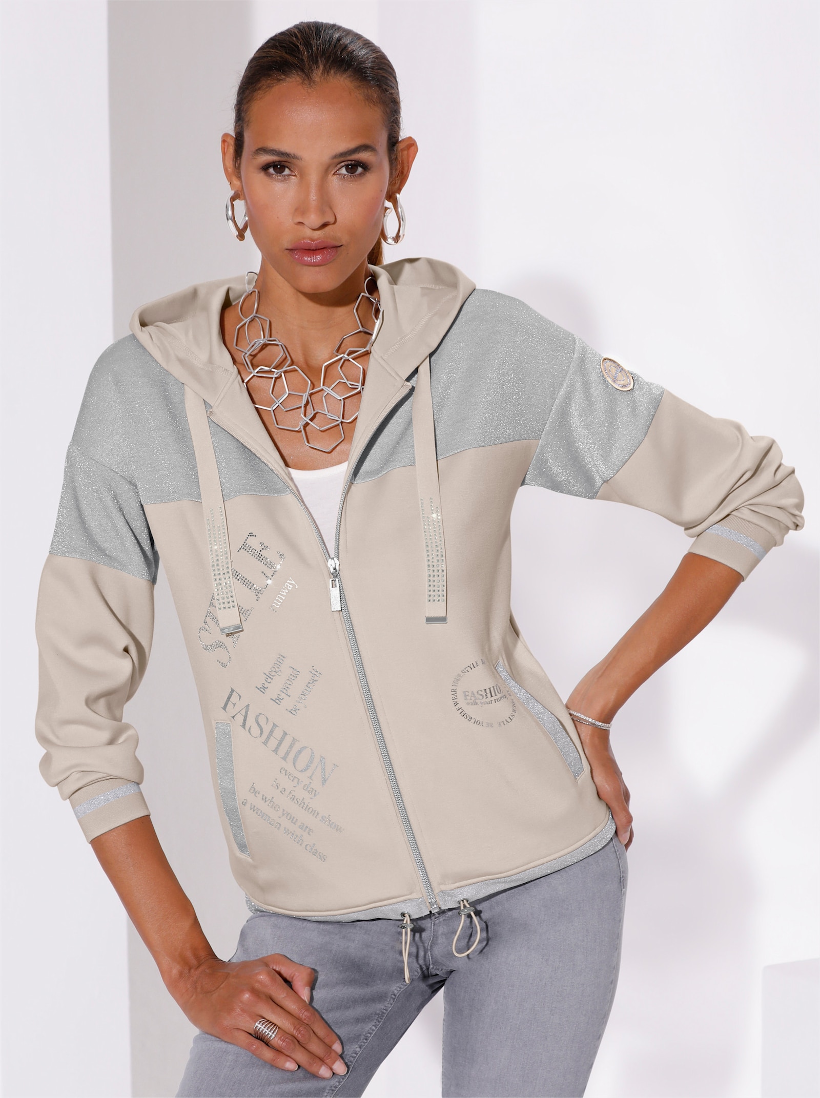 Sweatjacke im softweichen Modal-Mix - silberfarben-elfenbein