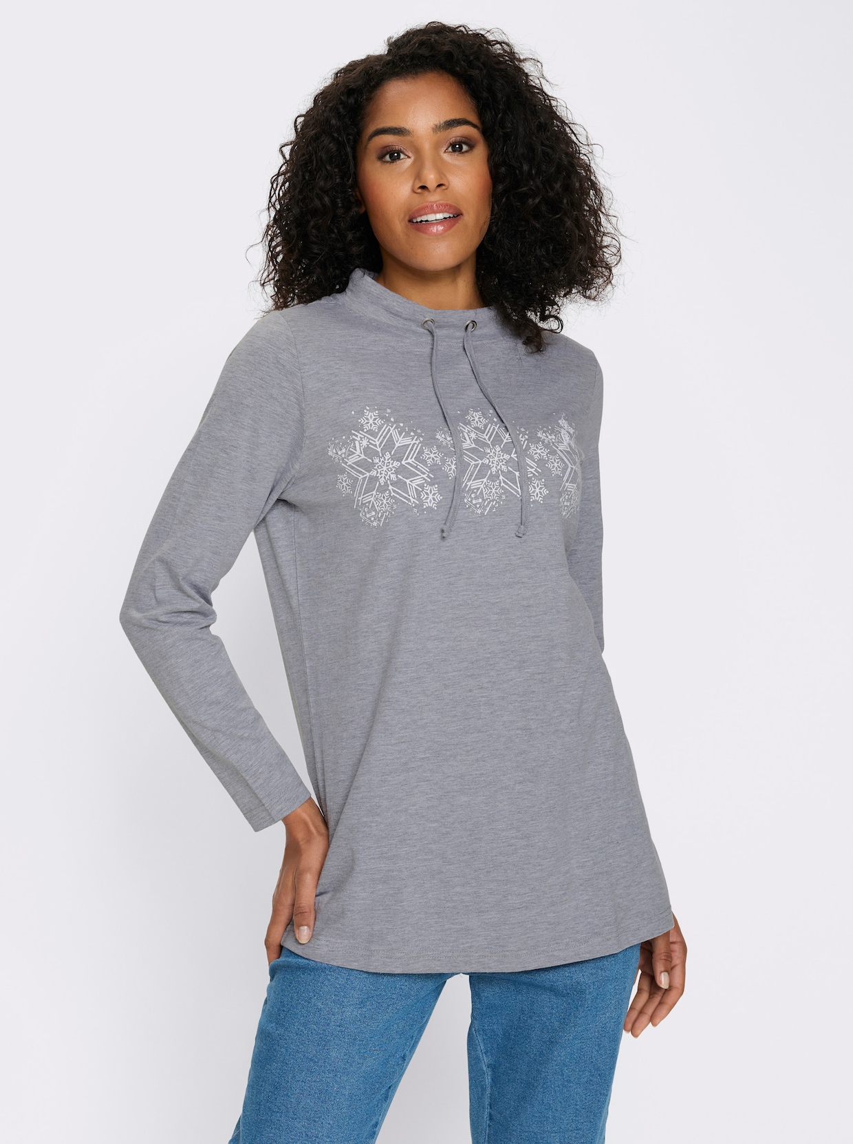 Lang shirt met sneeuwvlokkenprint - grijs gemêleerd/ecru