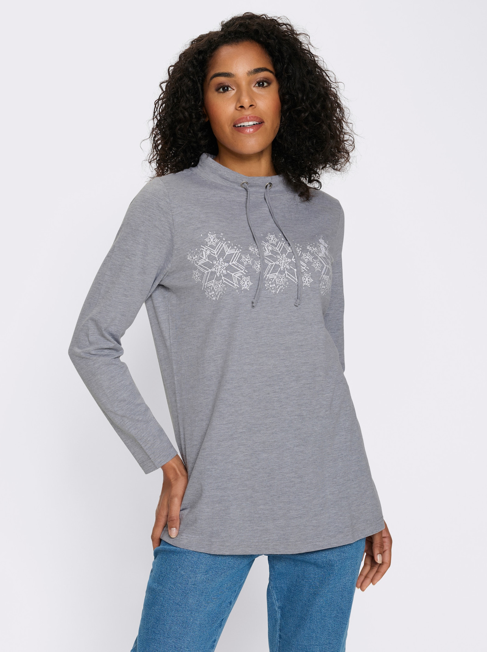 Lang shirt met sneeuwvlokkenprint - grijs gemêleerd/ecru