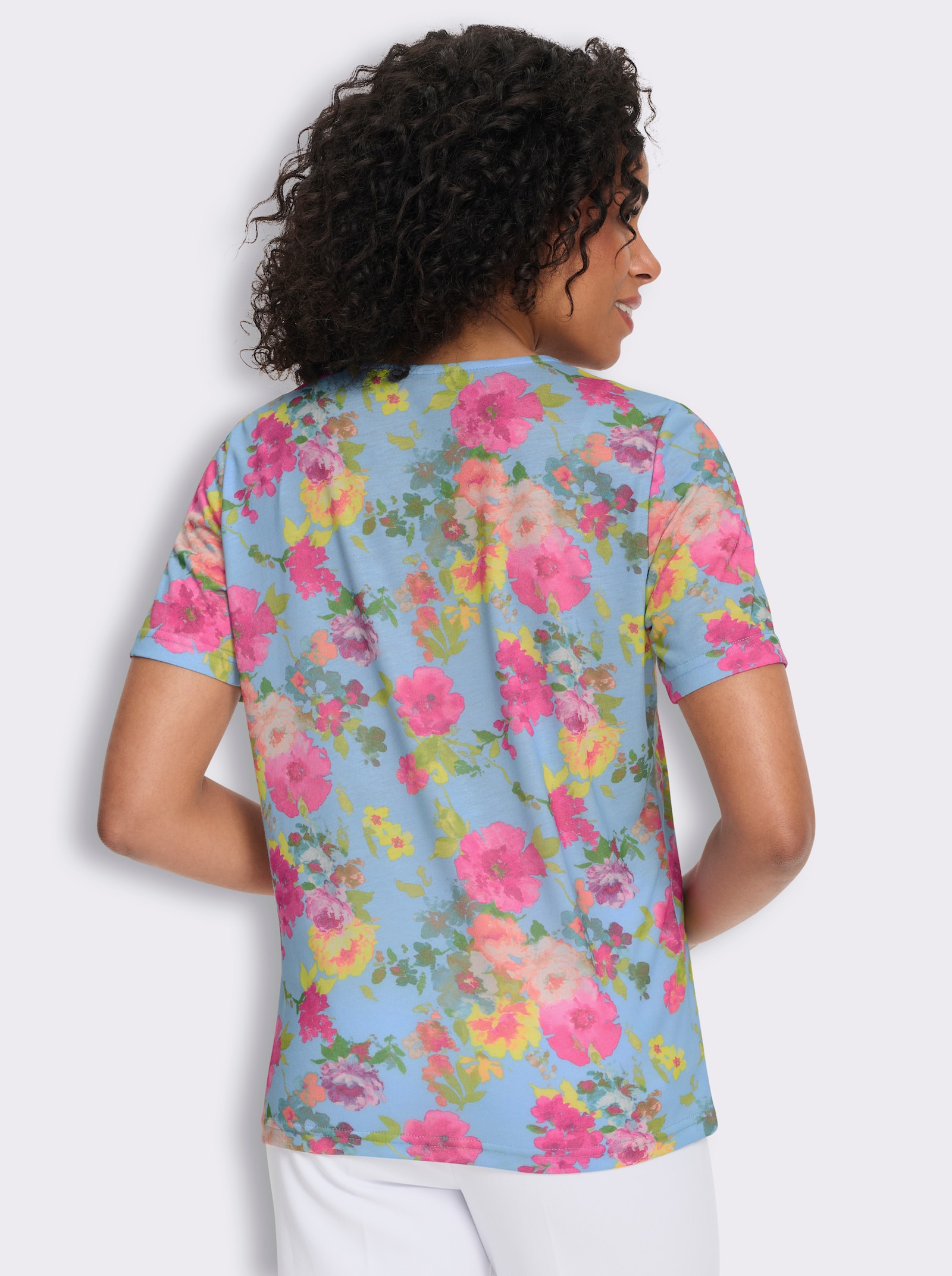 Shirt met ronde hals en bloemetjesprint rondom - aquamarine/fuchsia bedrukt