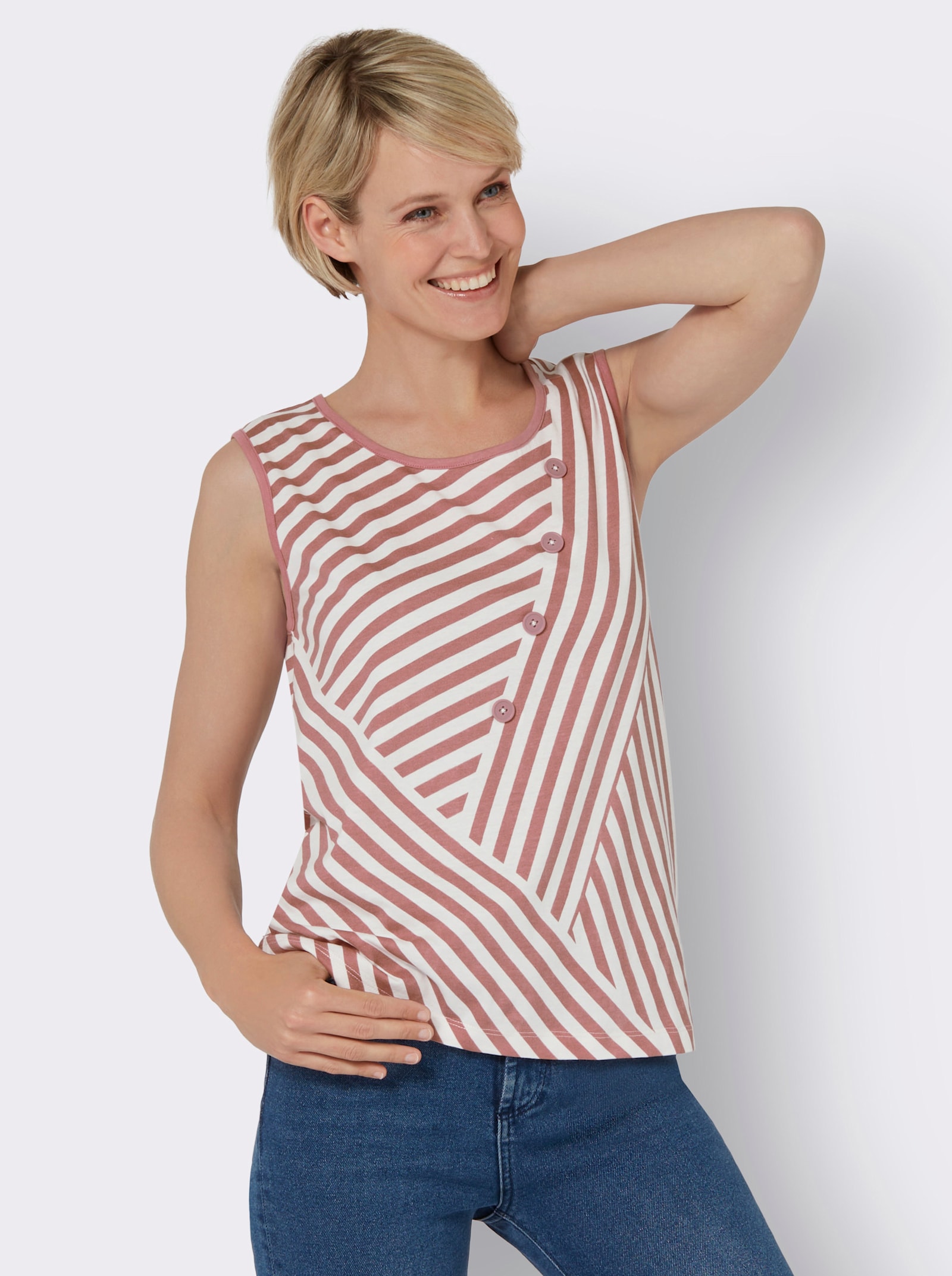 Shirttop met sierknopen voor - ecru/rozenhout gedessineerd