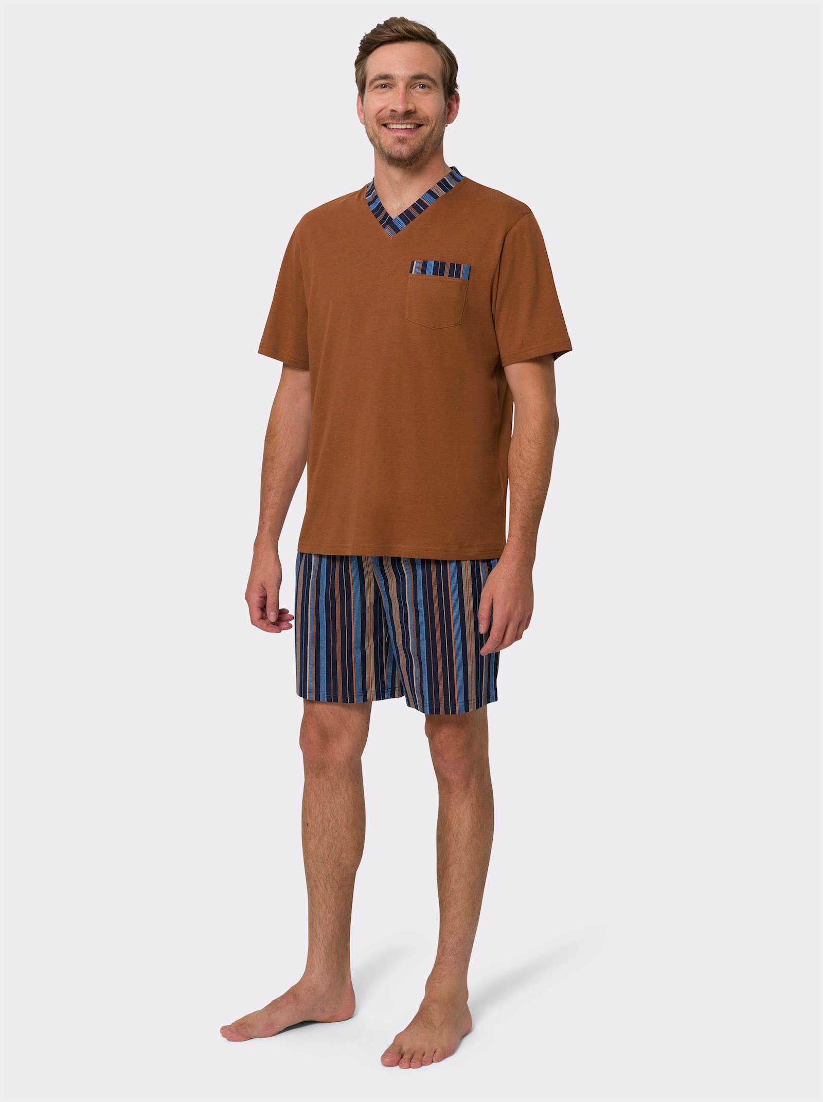 Shortama van katoen, gestreept - cognac gestreept