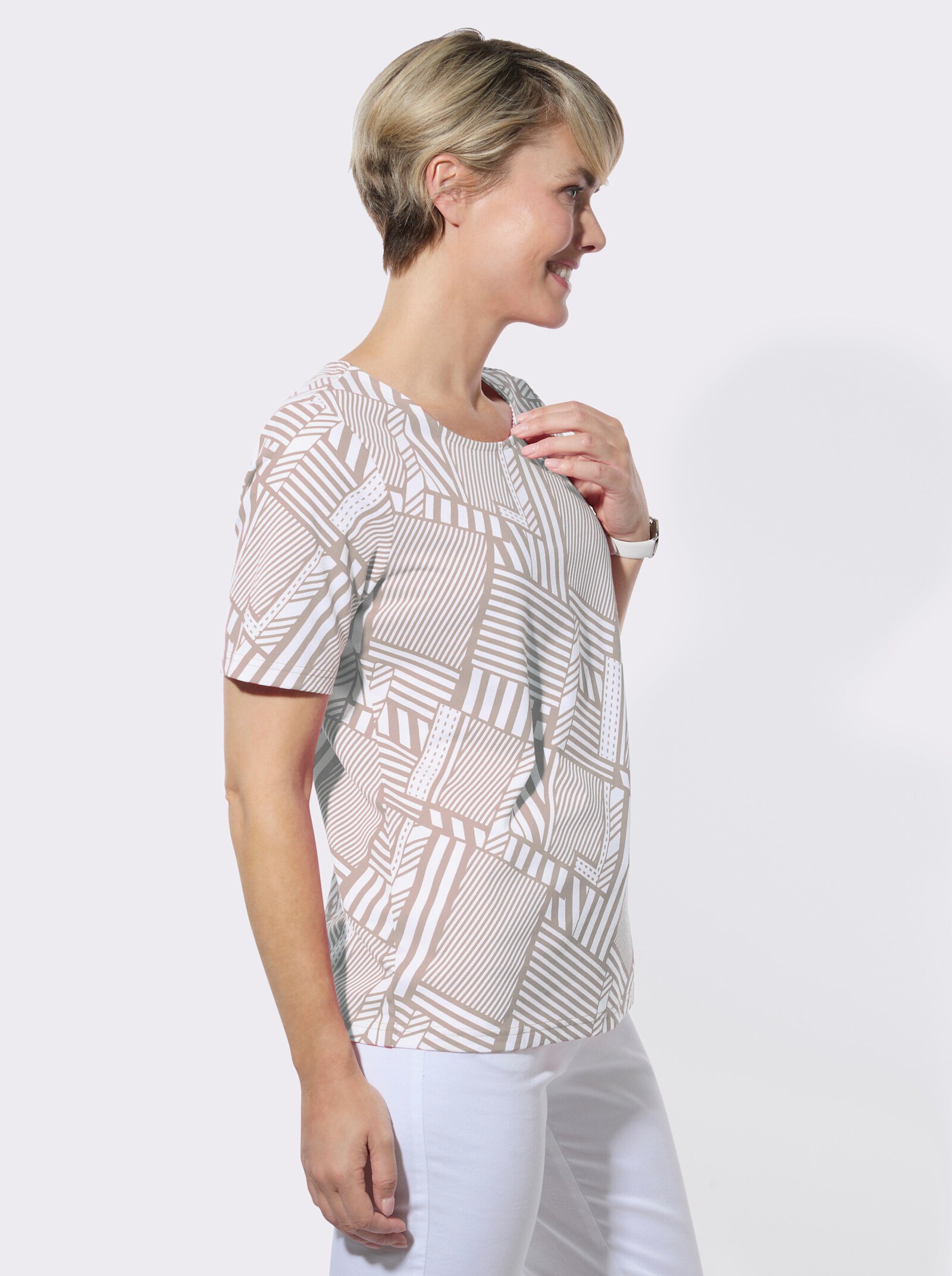 Rundhalsshirt im Grafik-Dessin - sesam-weiß-bedruckt