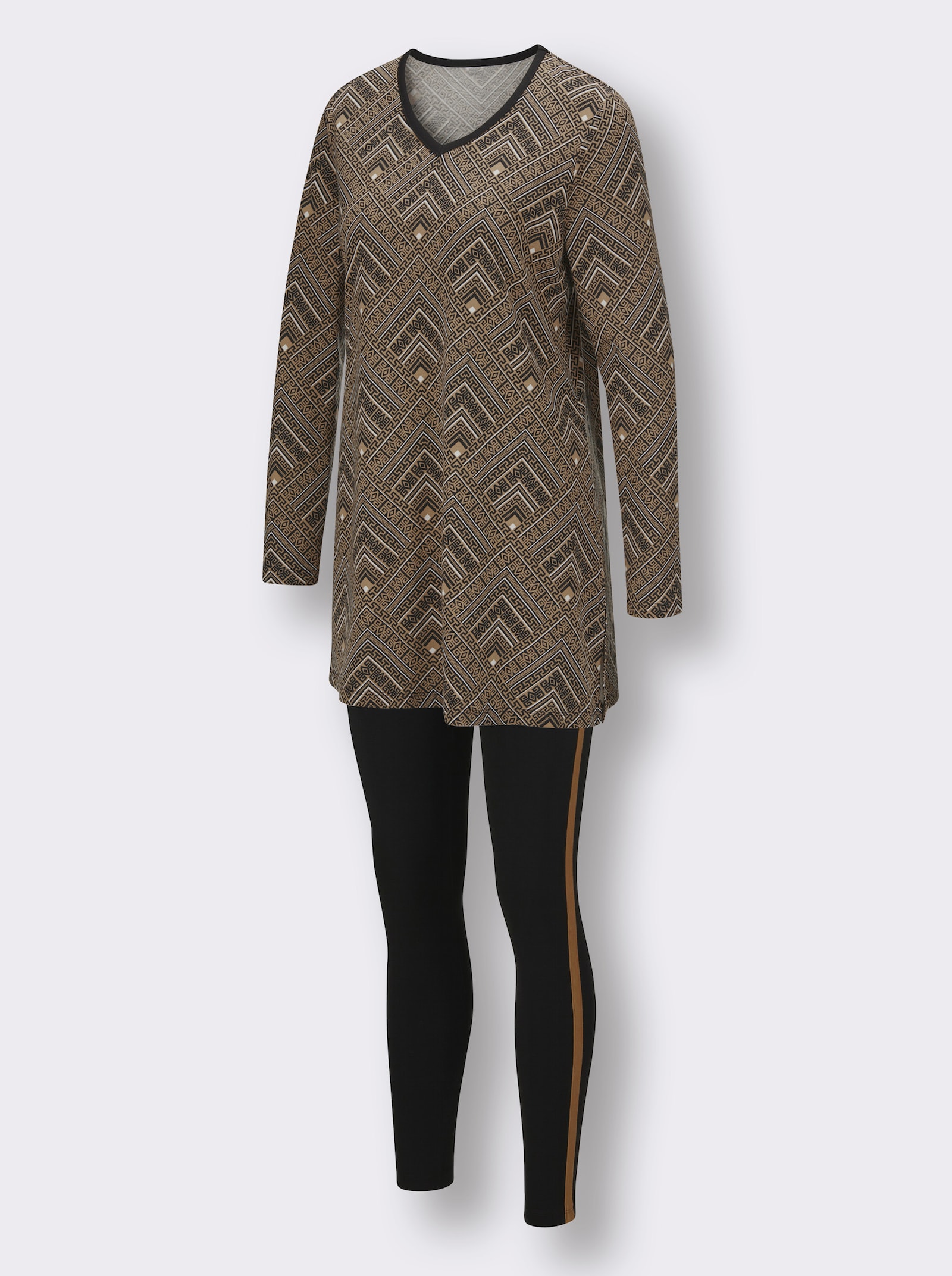 wäschepur Schlafanzug mit Kontrastpaspeln - camel-schwarz-bedruckt