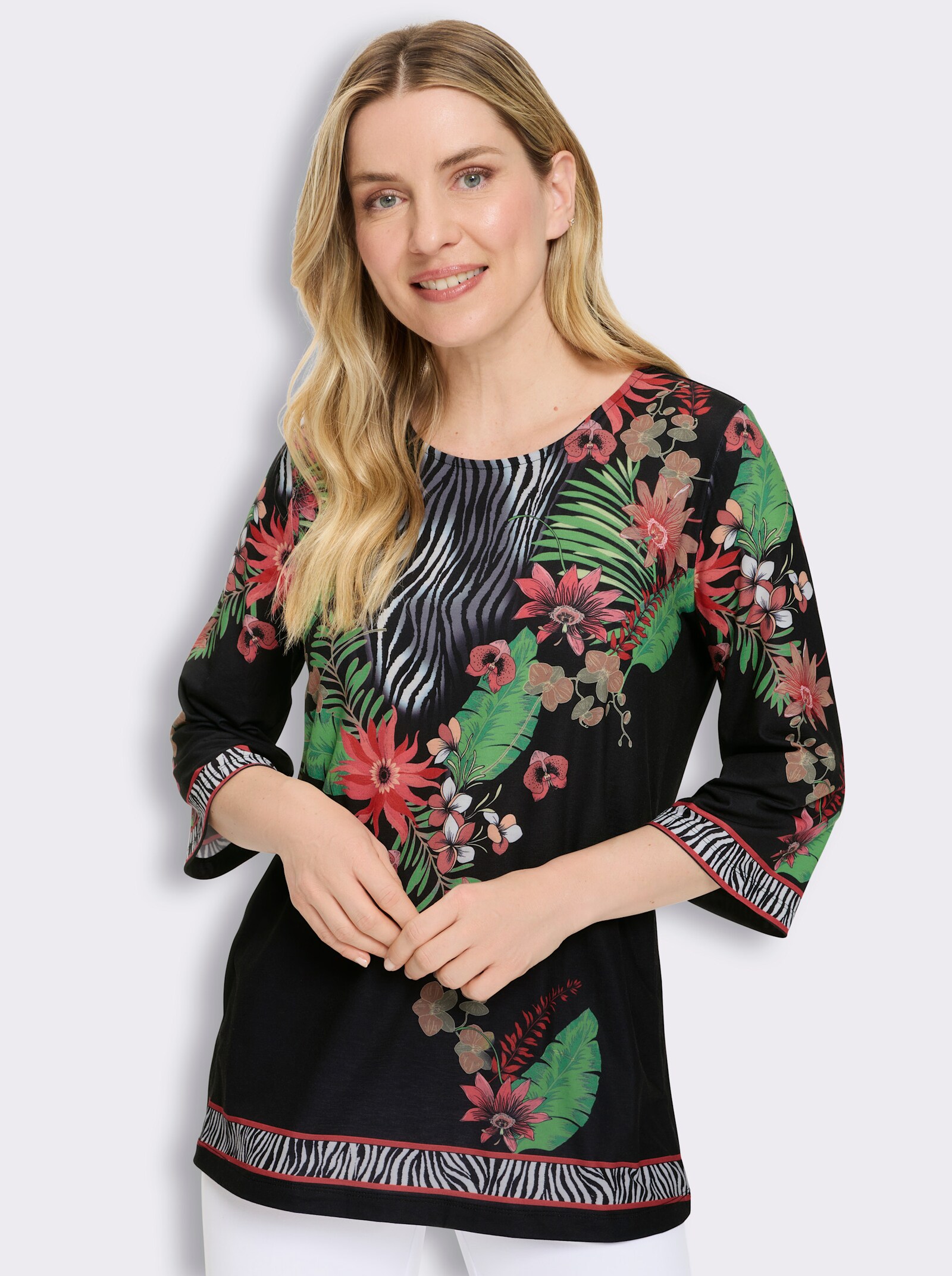 Tunikashirt mit Bordüren-Druck - schwarz-flamingo-bedruckt