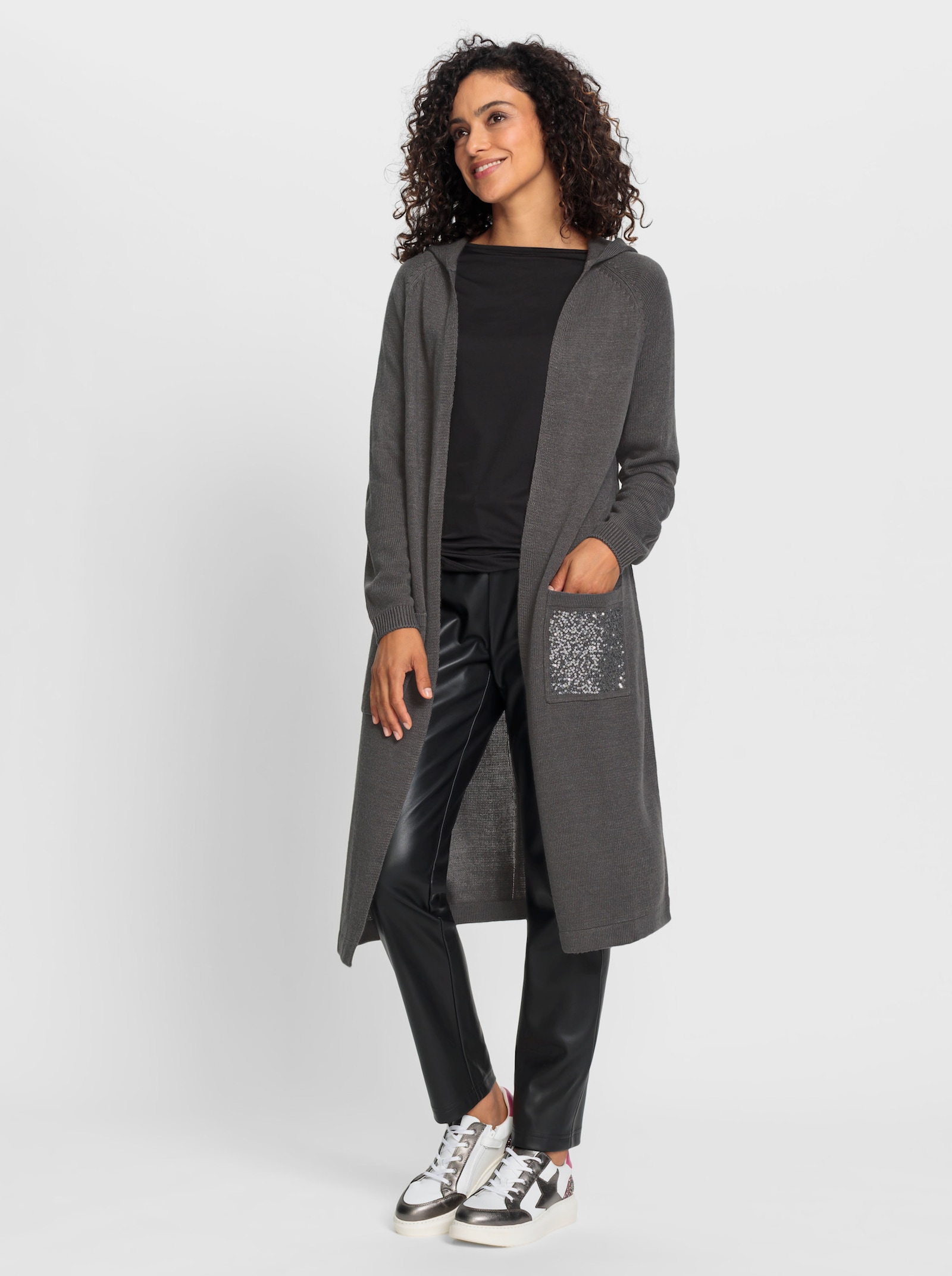 Strickmantel mit Pailletten-Verzierung - anthrazit-meliert