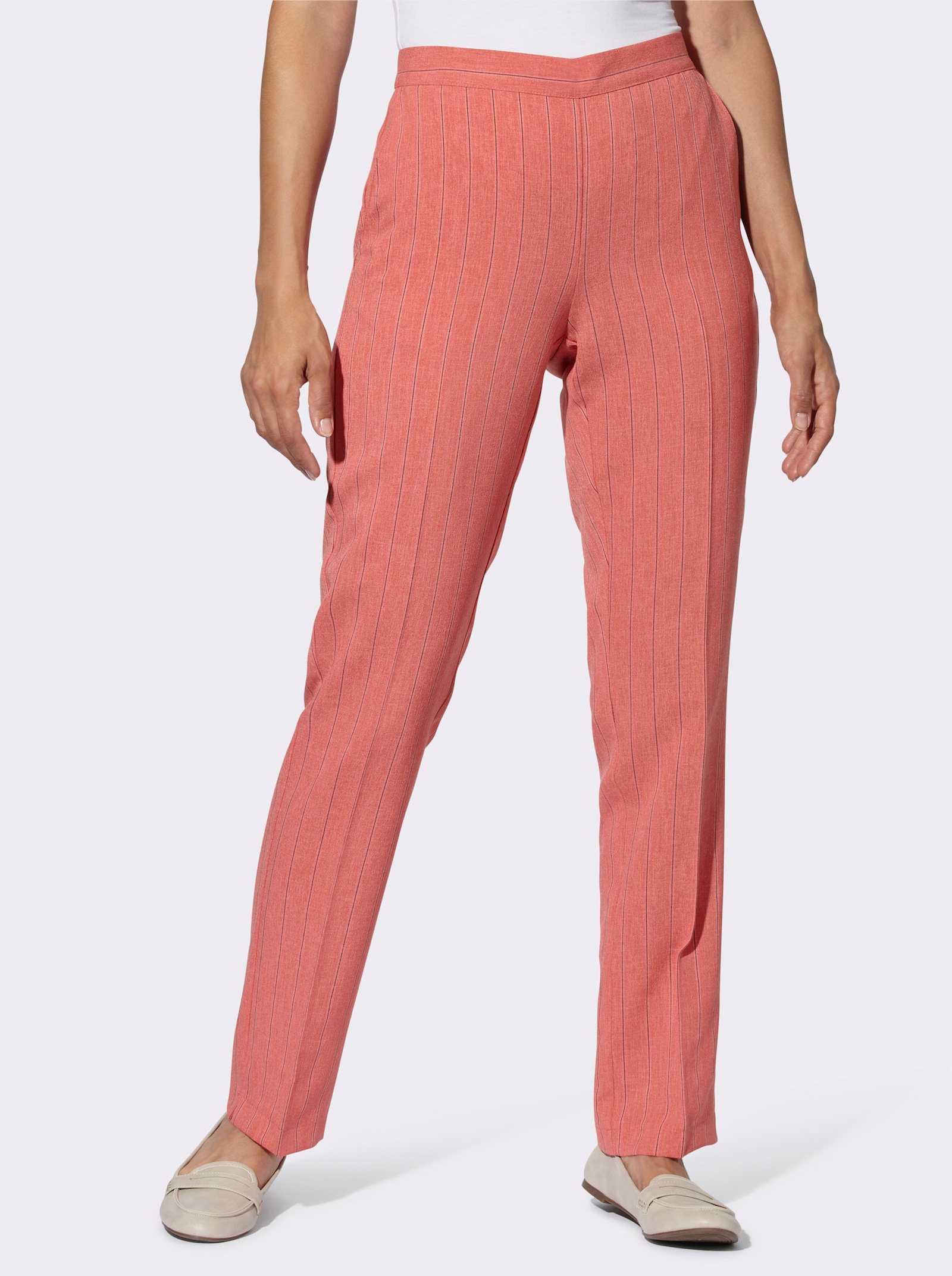 Comfortbroek met comfortband achter - grapefruit gemêleerd + grapefruit gestreept