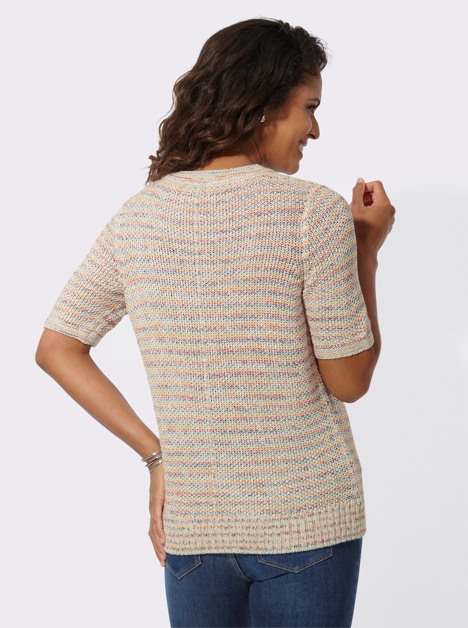 Kurzarmpullover in farbharmonischer Melange-Optik - ecru-papaya-meliert