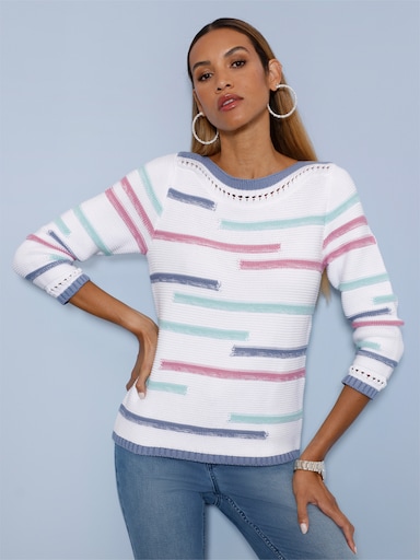 Langarm-Pullover mit U-Boot-Ausschnitt - weiß-taubenblau-geringelt