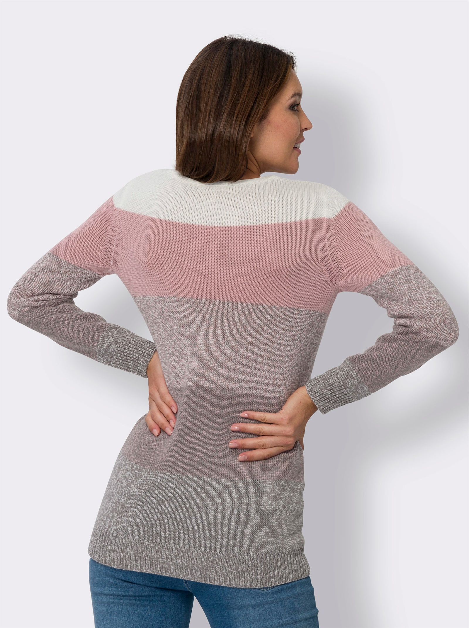 Lange pullover met patroon van brede strepen - hortensia/ecru gemêleerd