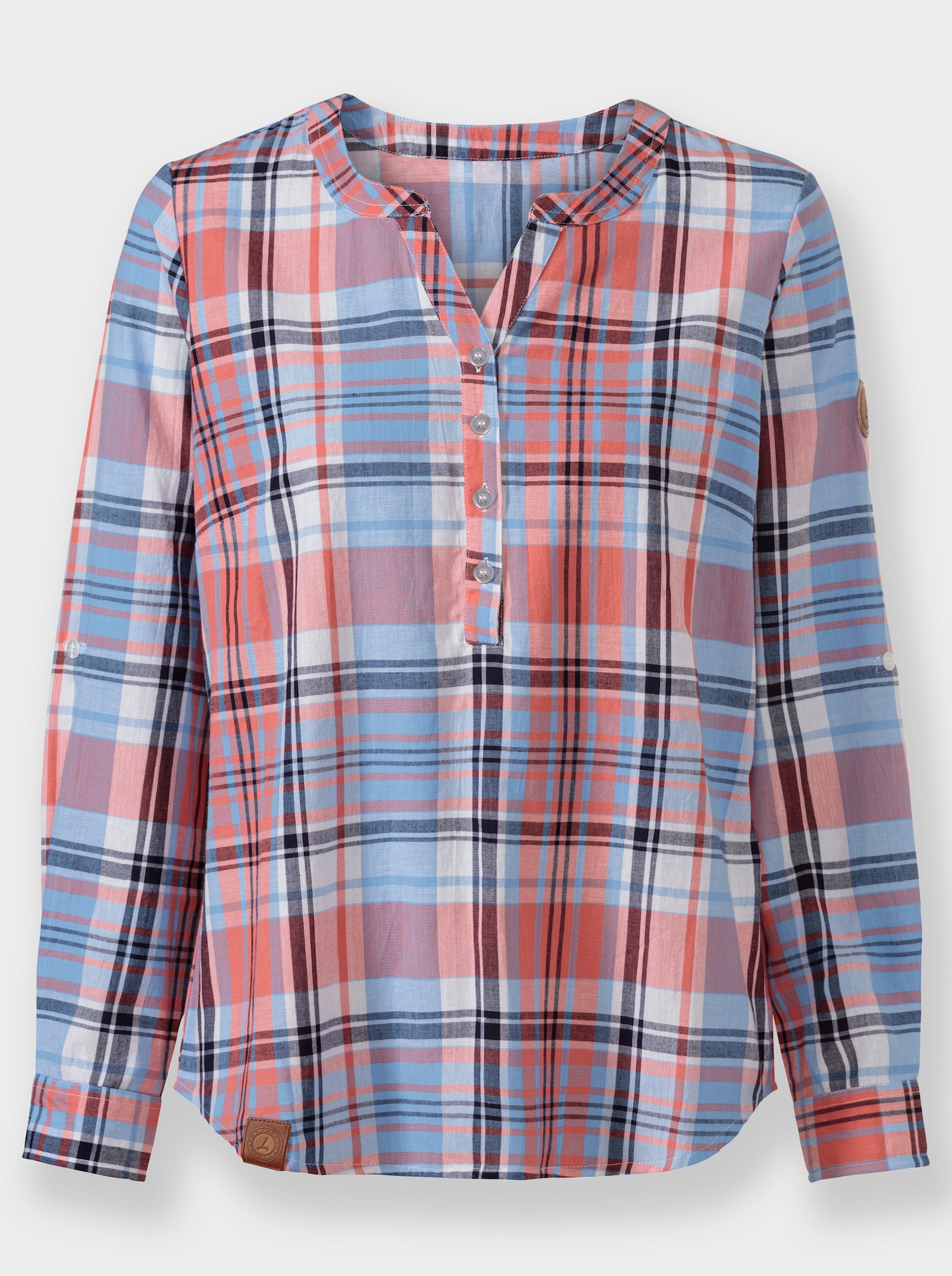 Karobluse mit Kellerfalte im Rücken - grapefruit-himmelblau-kariert