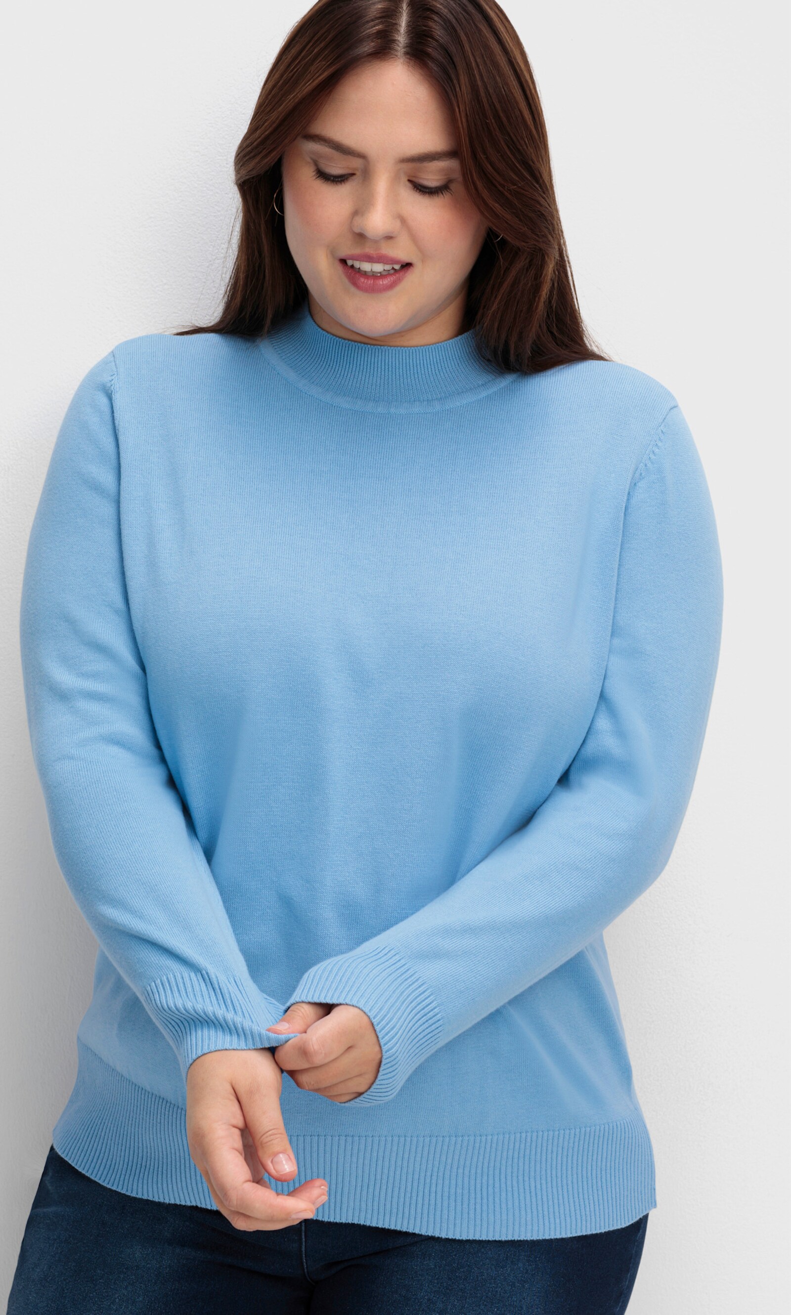 Strickpullover mit geripptem Stehkragen - himmelblau