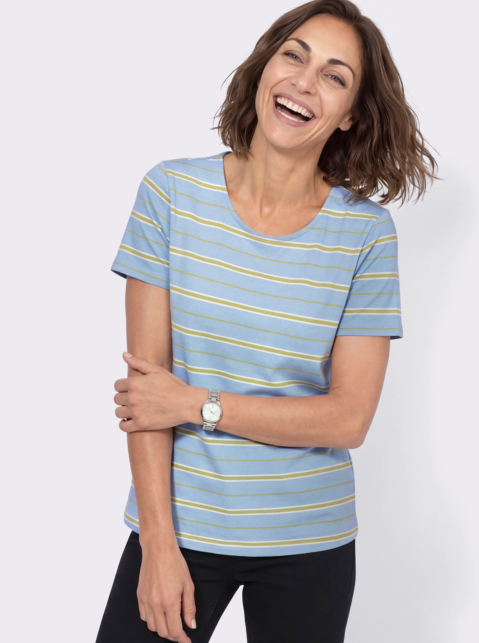 Ringelshirt mit Rundhals-Ausschnitt - hellblau-lindgrün-geringelt