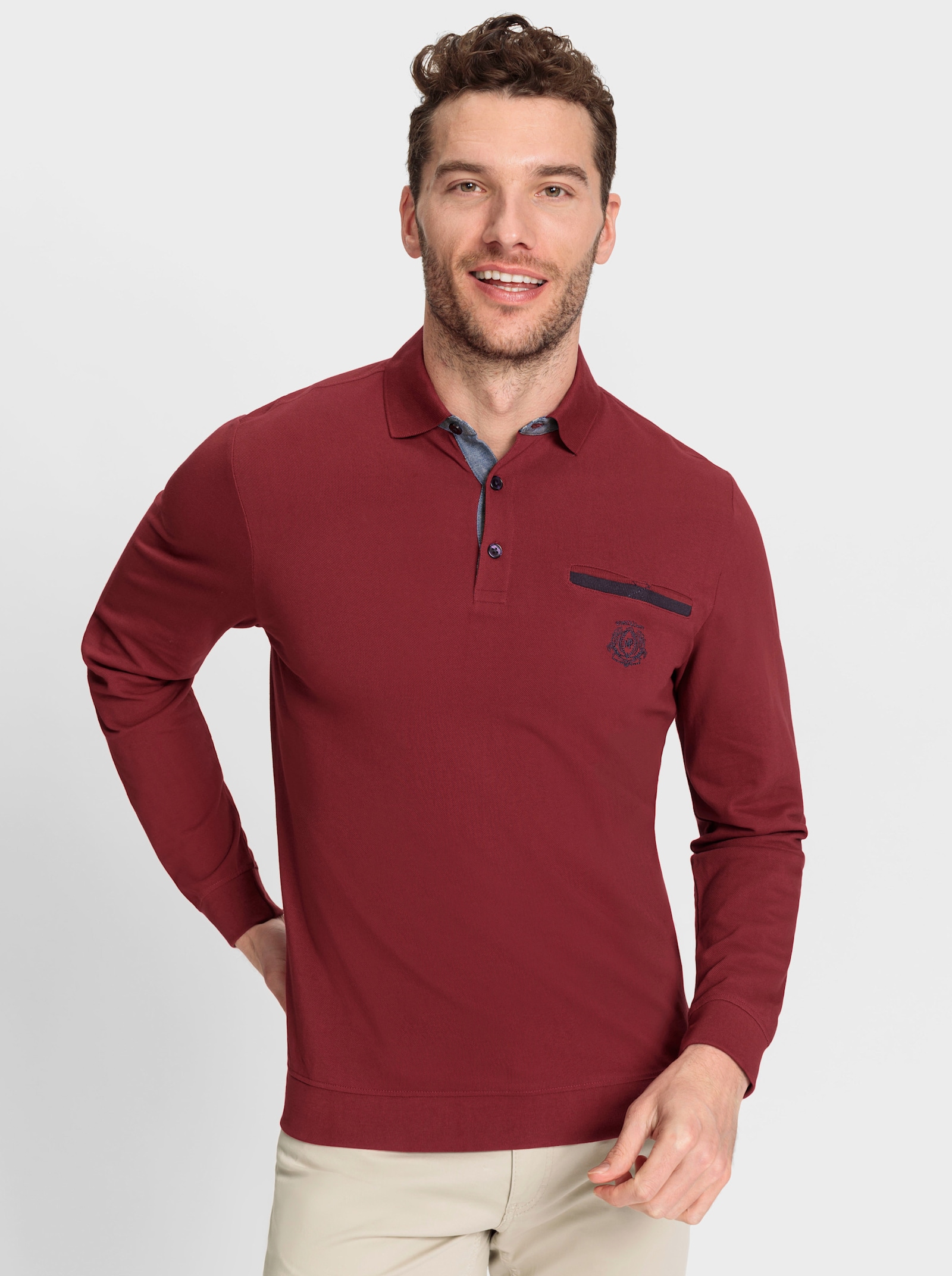 Marco Donati Langarm-Poloshirt in Pikee-Qualität - dunkelrot-marine