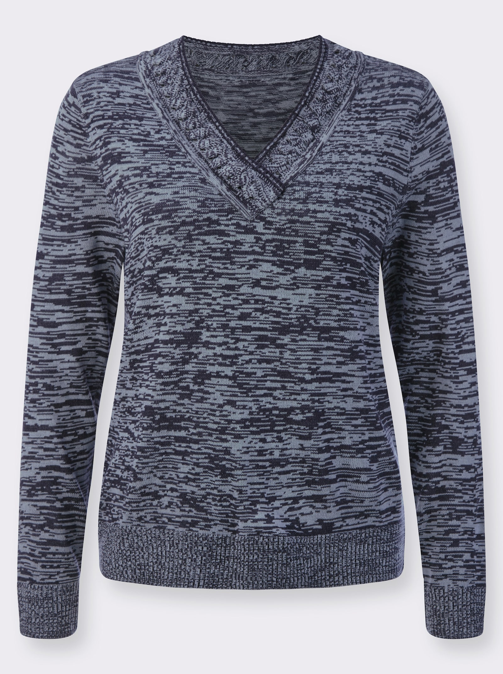 V-Ausschnitt-Pullover in Melange-Optik - eisblau-marine-meliert