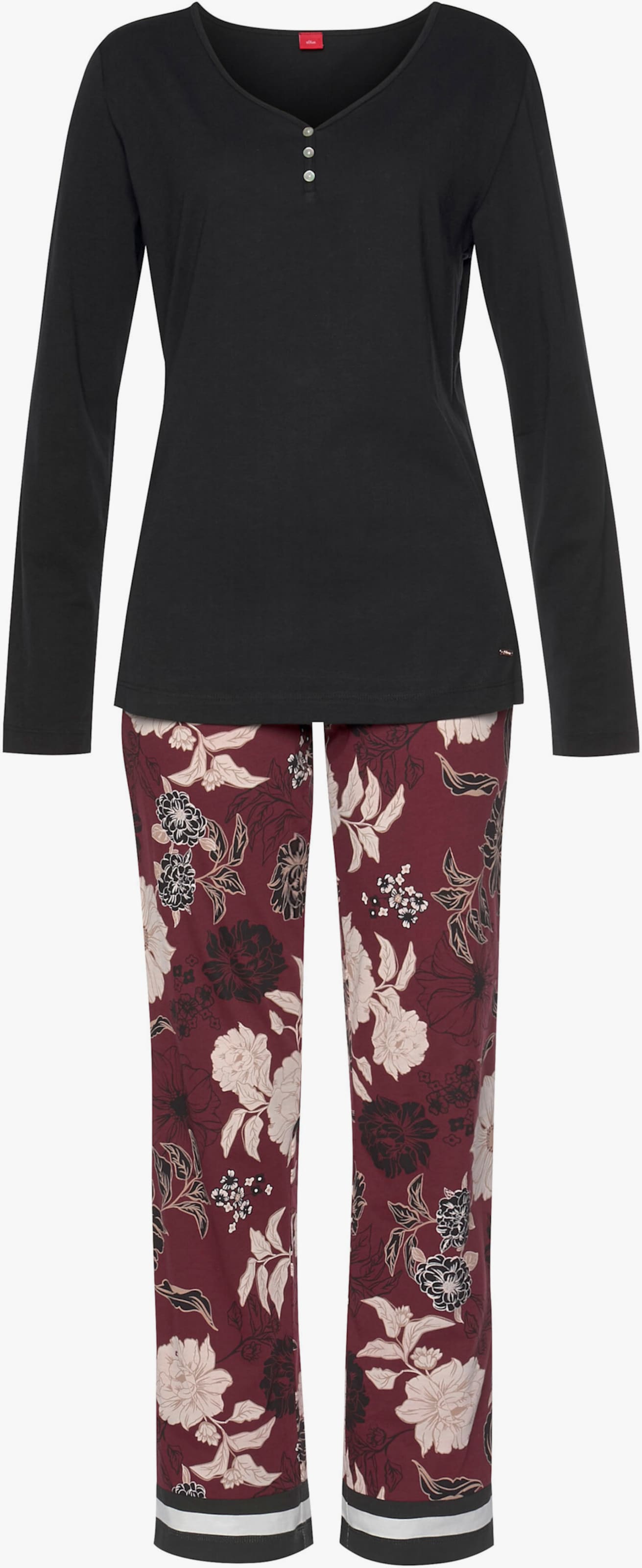 s.Oliver Pyjama - schwarz-bordeaux-mehrfarbig-geblümt