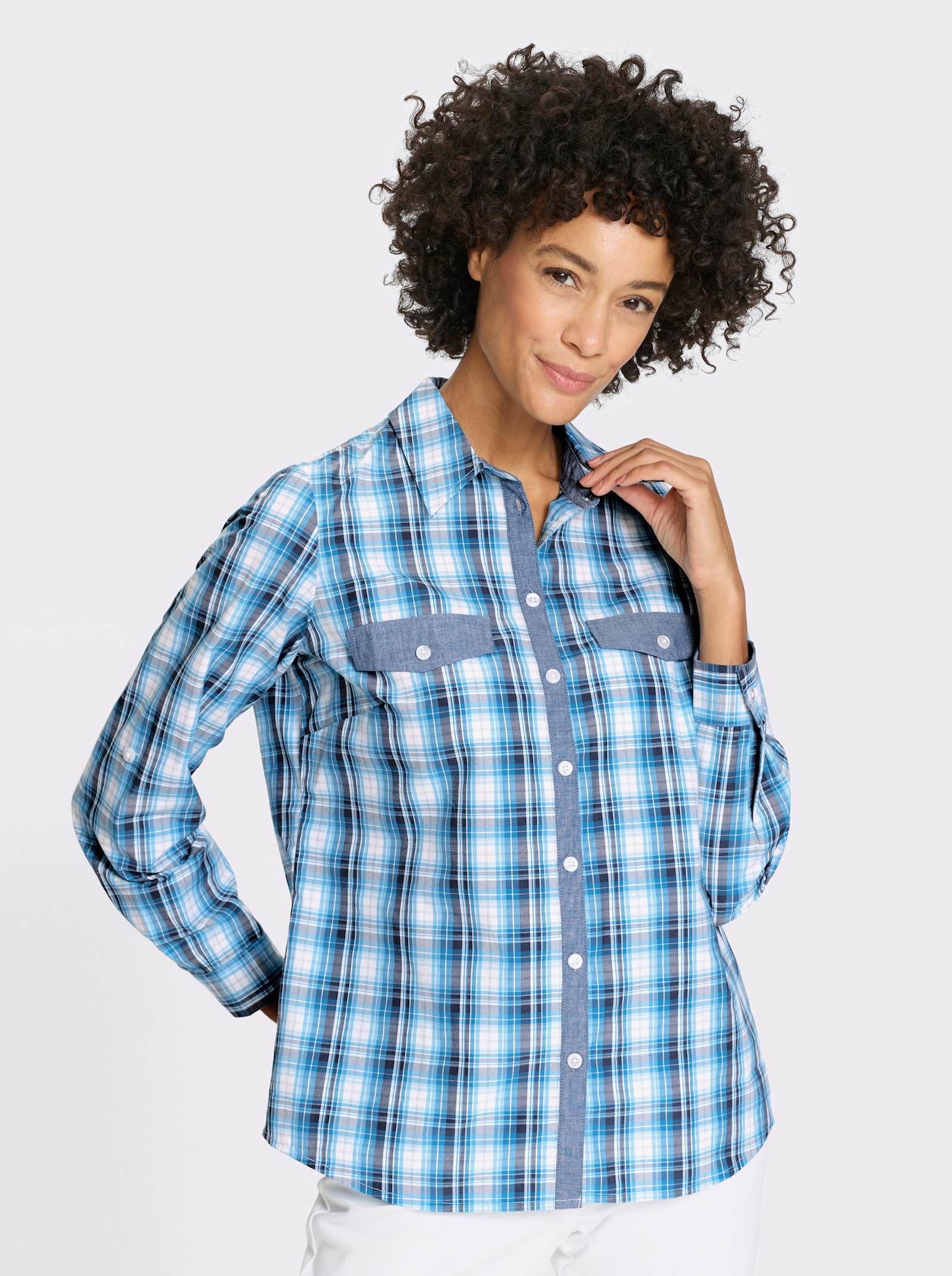 Kostkovaná halenka s náprsními kapsami s patkou - tyrkysová-bílá-kostka