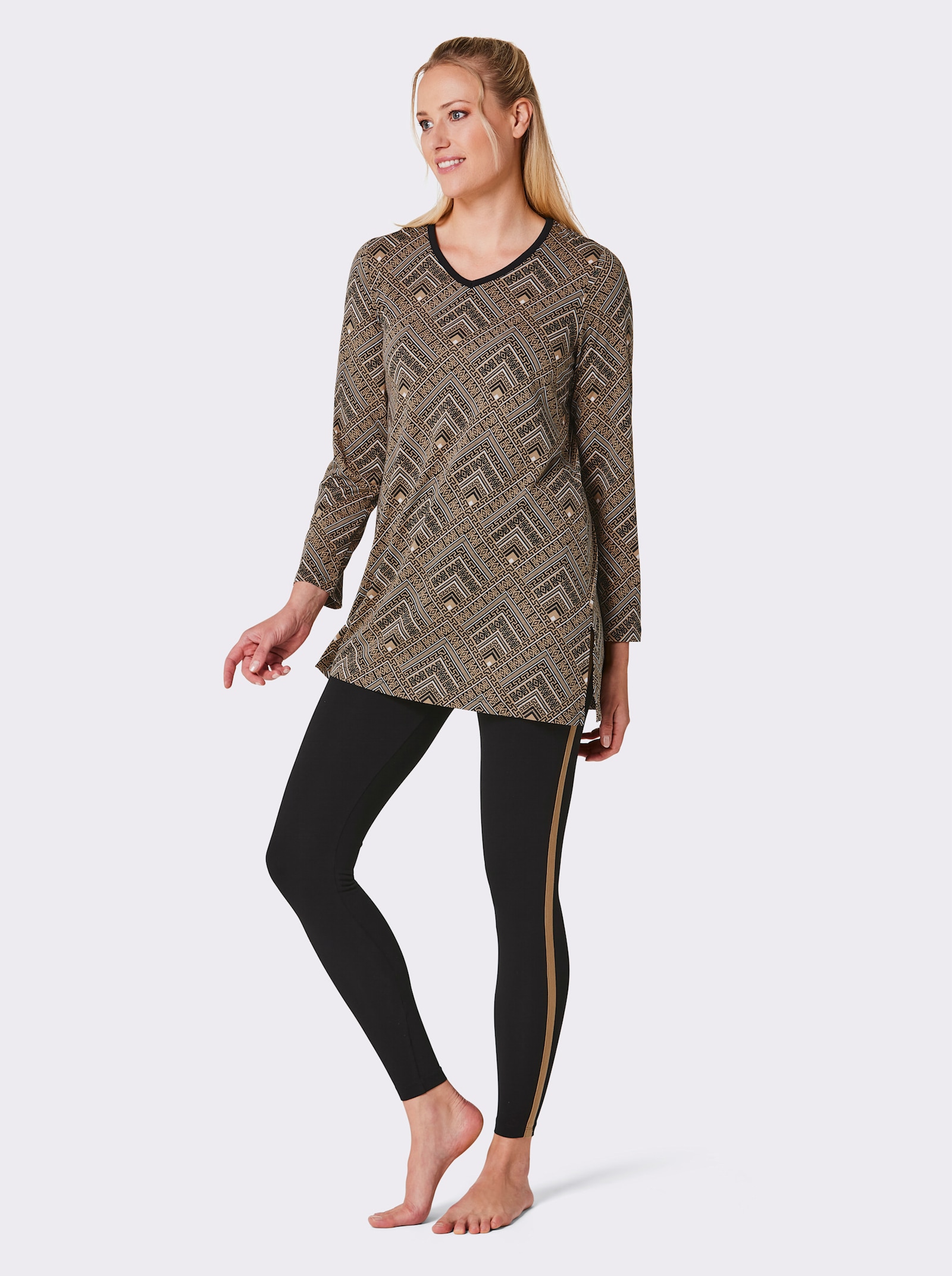 wäschepur Schlafanzug mit Kontrastpaspeln - camel-schwarz-bedruckt