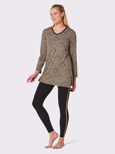 wäschepur Schlafanzug mit Kontrastpaspeln - camel-schwarz-bedruckt