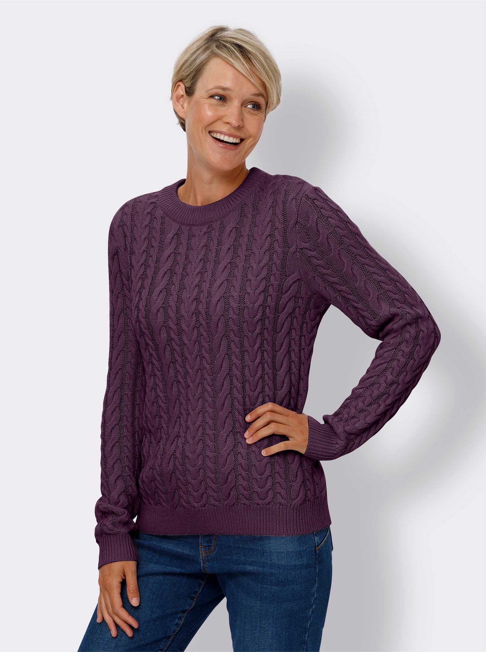 Langarm-Pullover mit Zopfmuster - traube