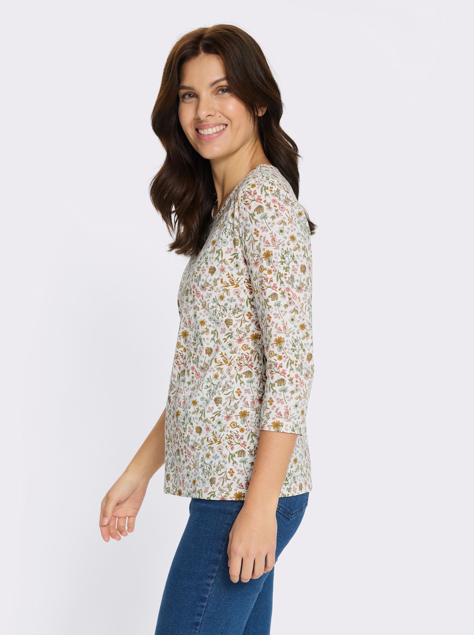 3/4-Arm-Shirt mit floralem Druck - ecru-khaki-bedruckt