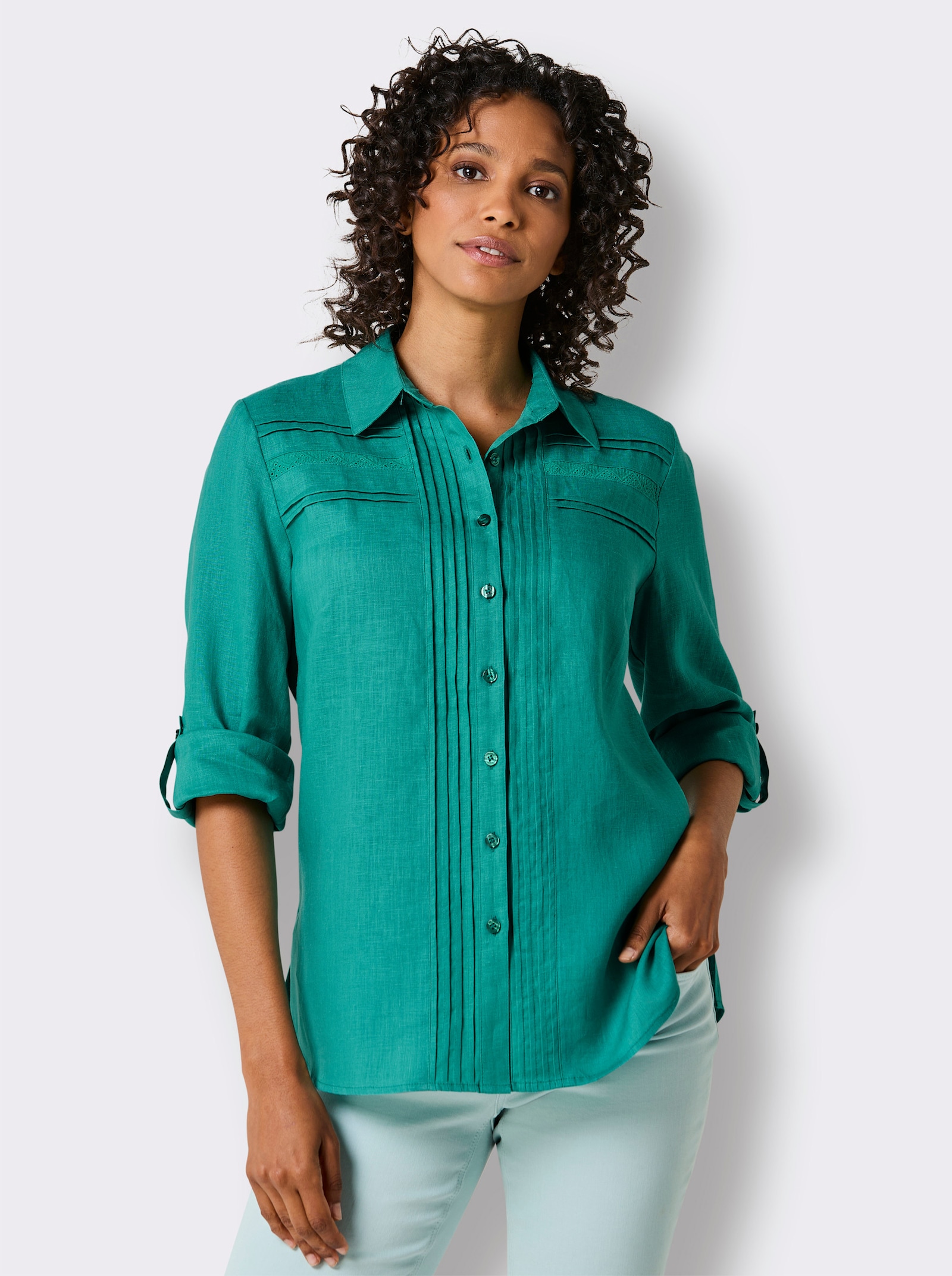 CREATION L PREMIUM Leinenbluse mit Spitze und Biesen - smaragd