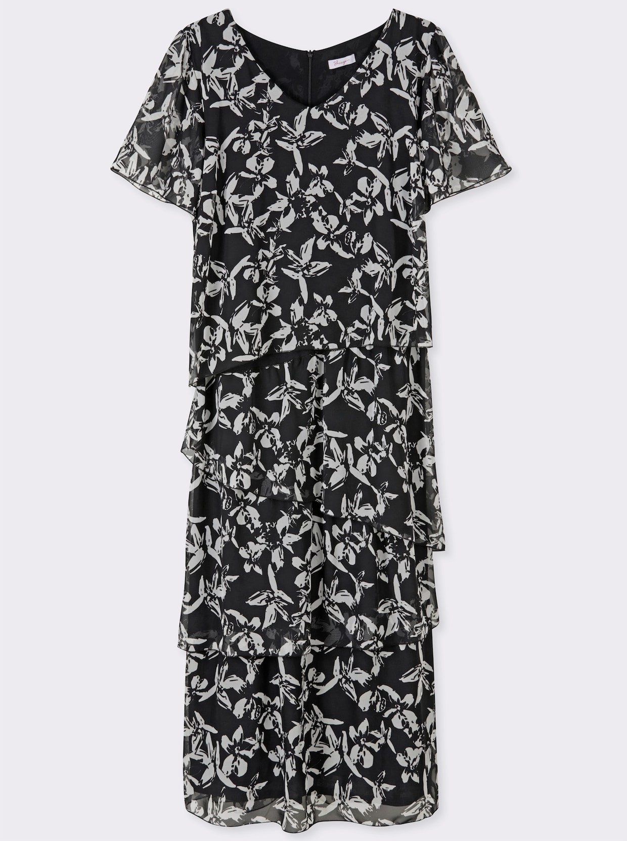 sheego Chiffonkleid mit drapierten Volants - schwarz-weiß-gemustert