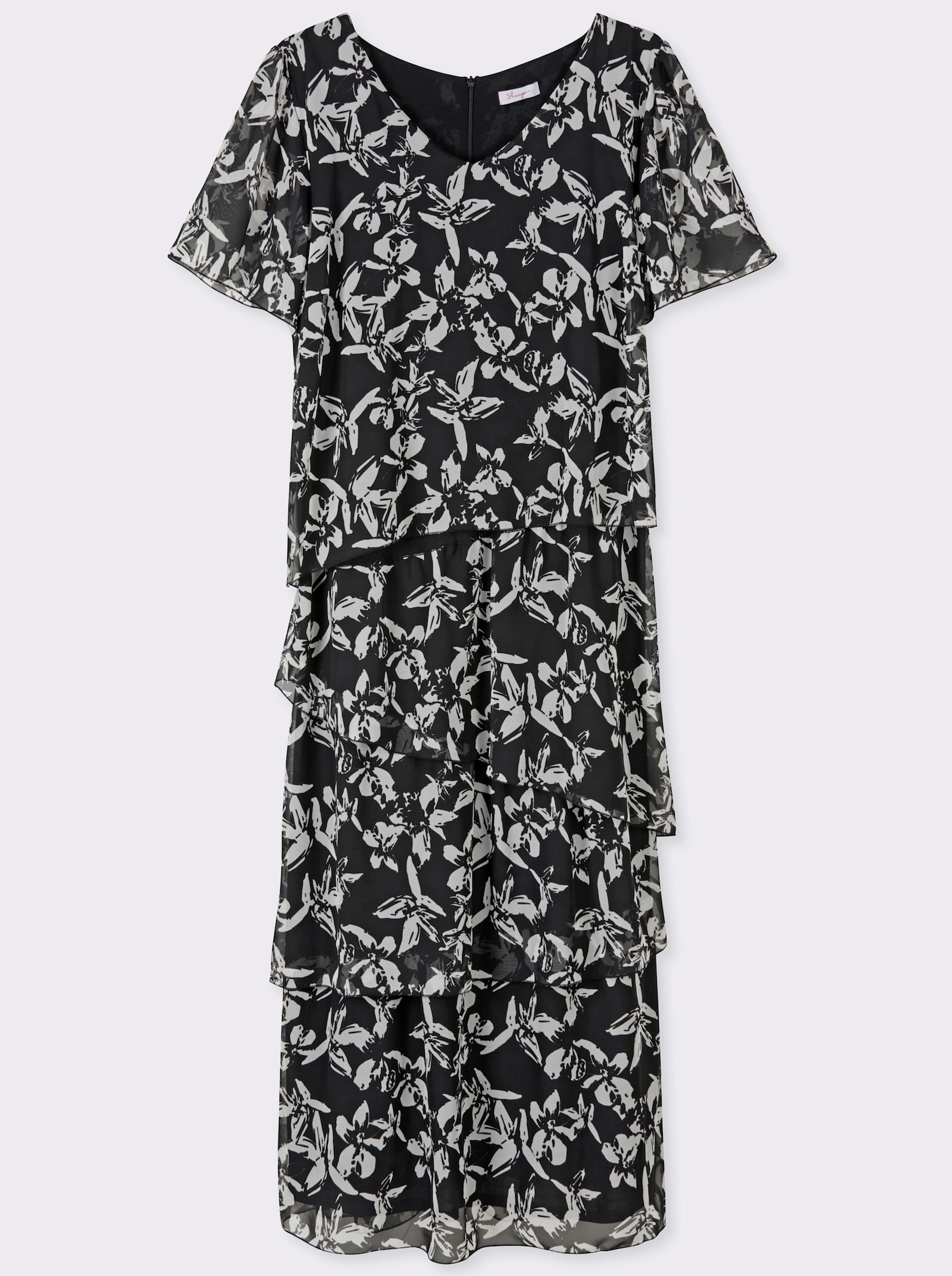 sheego Chiffonkleid mit drapierten Volants - schwarz-weiß-gemustert