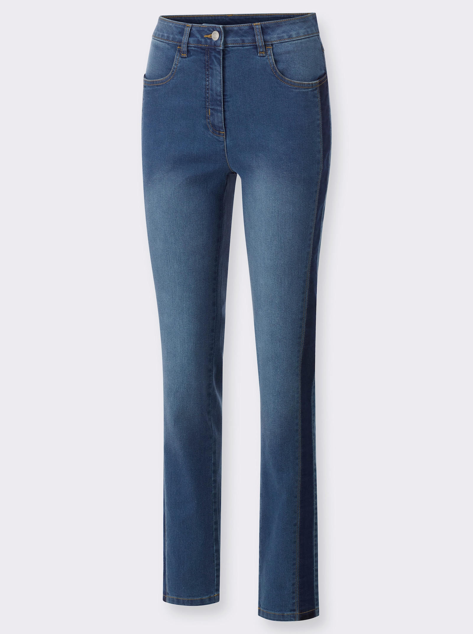 High-waist-Jeans mit goldfarbener Stickerei - blue-bleached