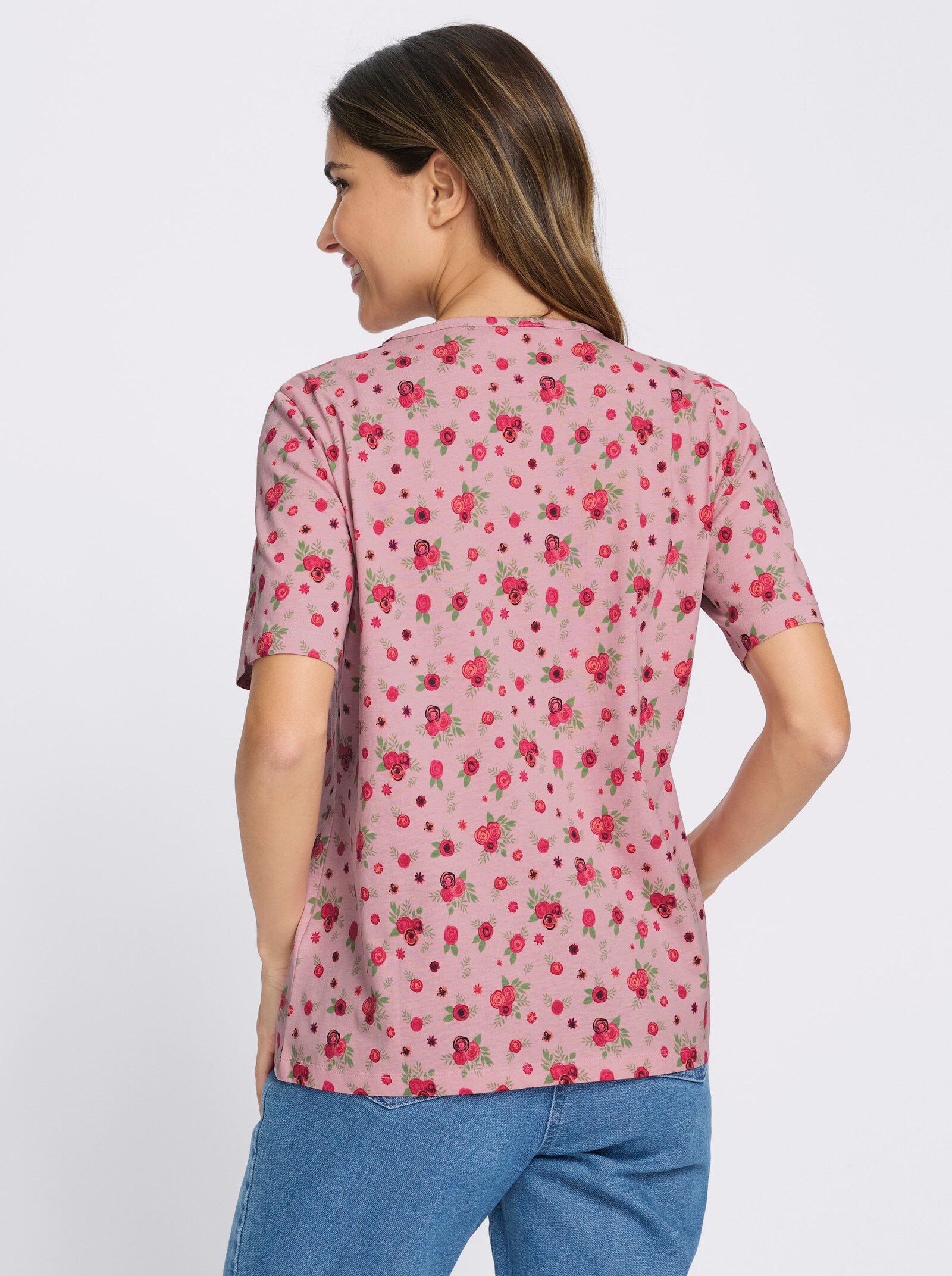 Kurzarmshirt mit Falten am Ausschnitt - hortensie-rot-bedruckt