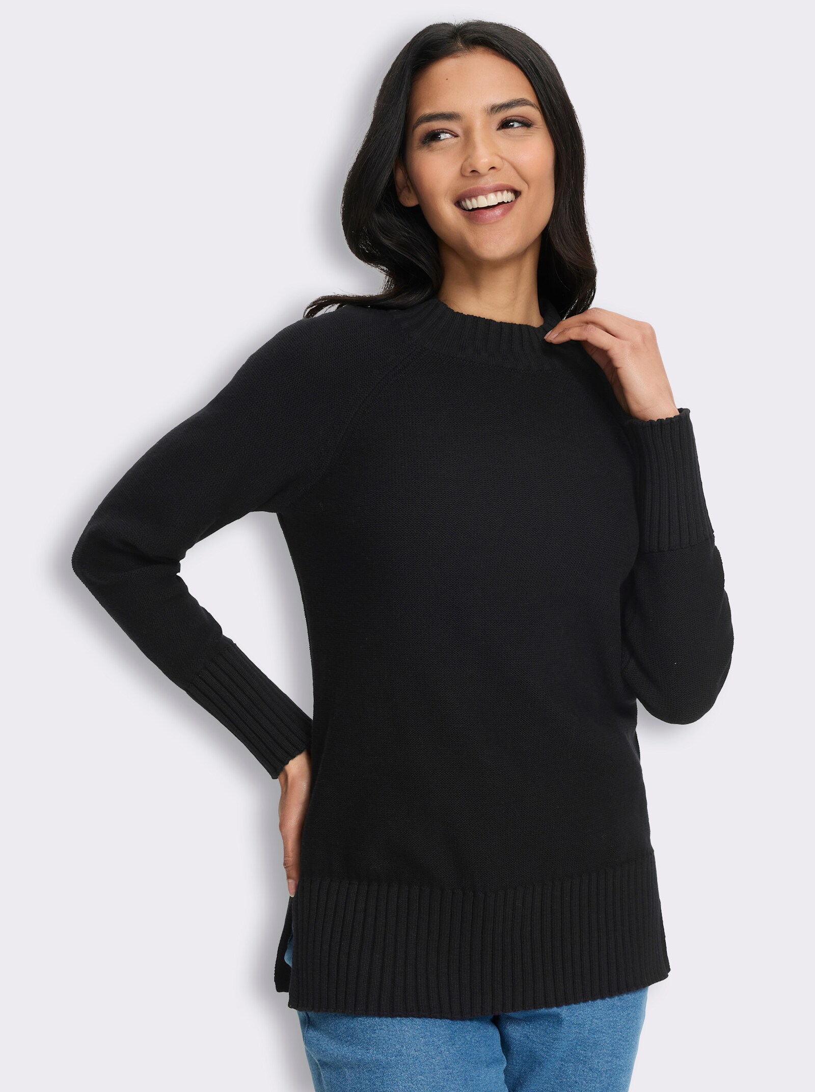 Stehkragenpullover mit Zierknopfleiste hinten - schwarz