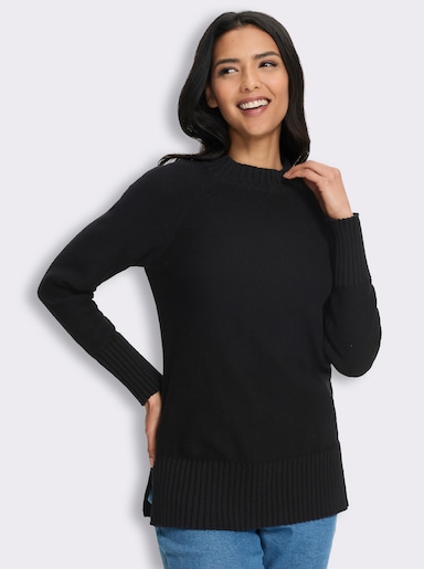 Stehkragenpullover mit Zierknopfleiste hinten - schwarz