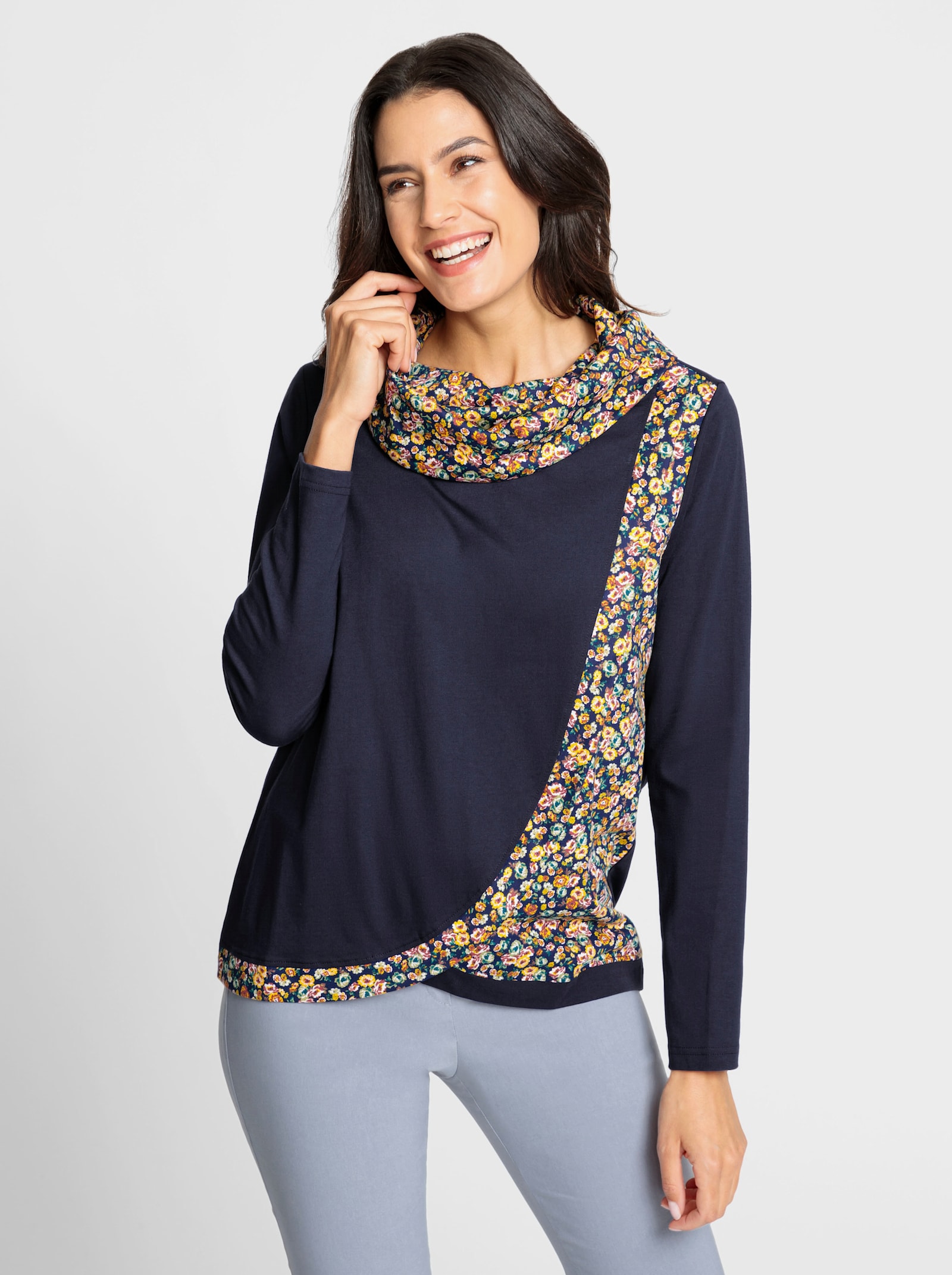 Rollkragenshirt in Wickel-Optik - marine-ocker-gemustert