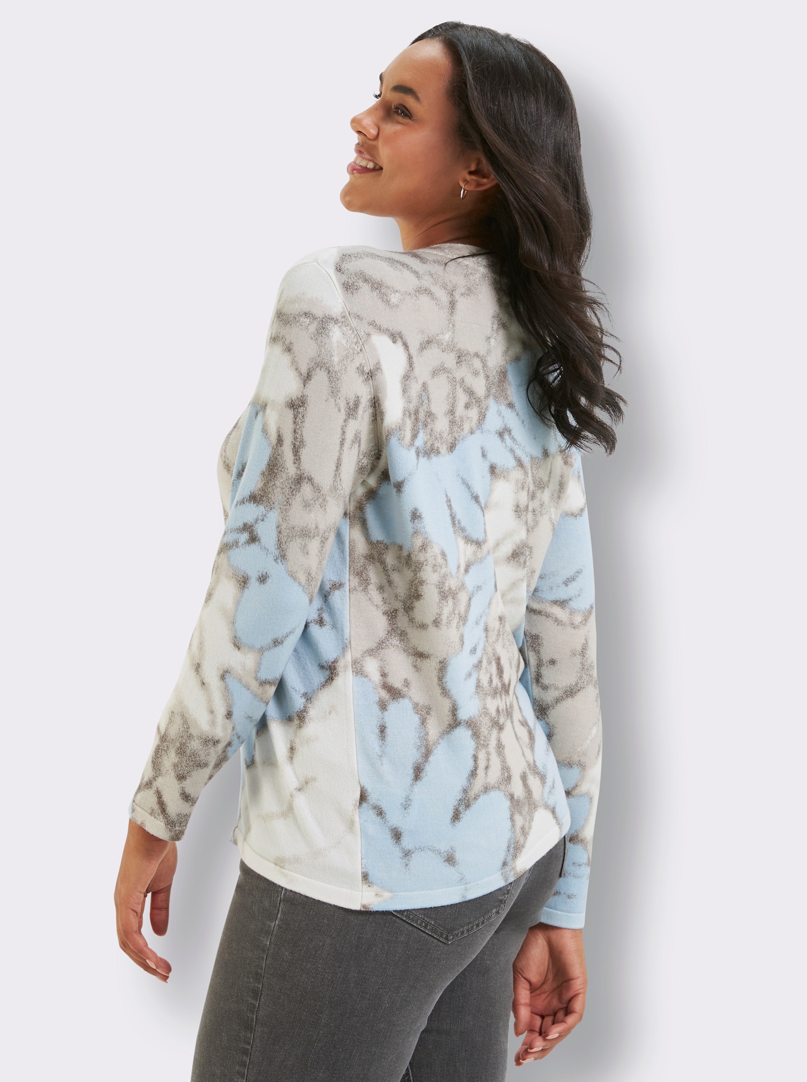 Feinstrickpullover mit Diagonal-Druck - ecru-eisblau-bedruckt