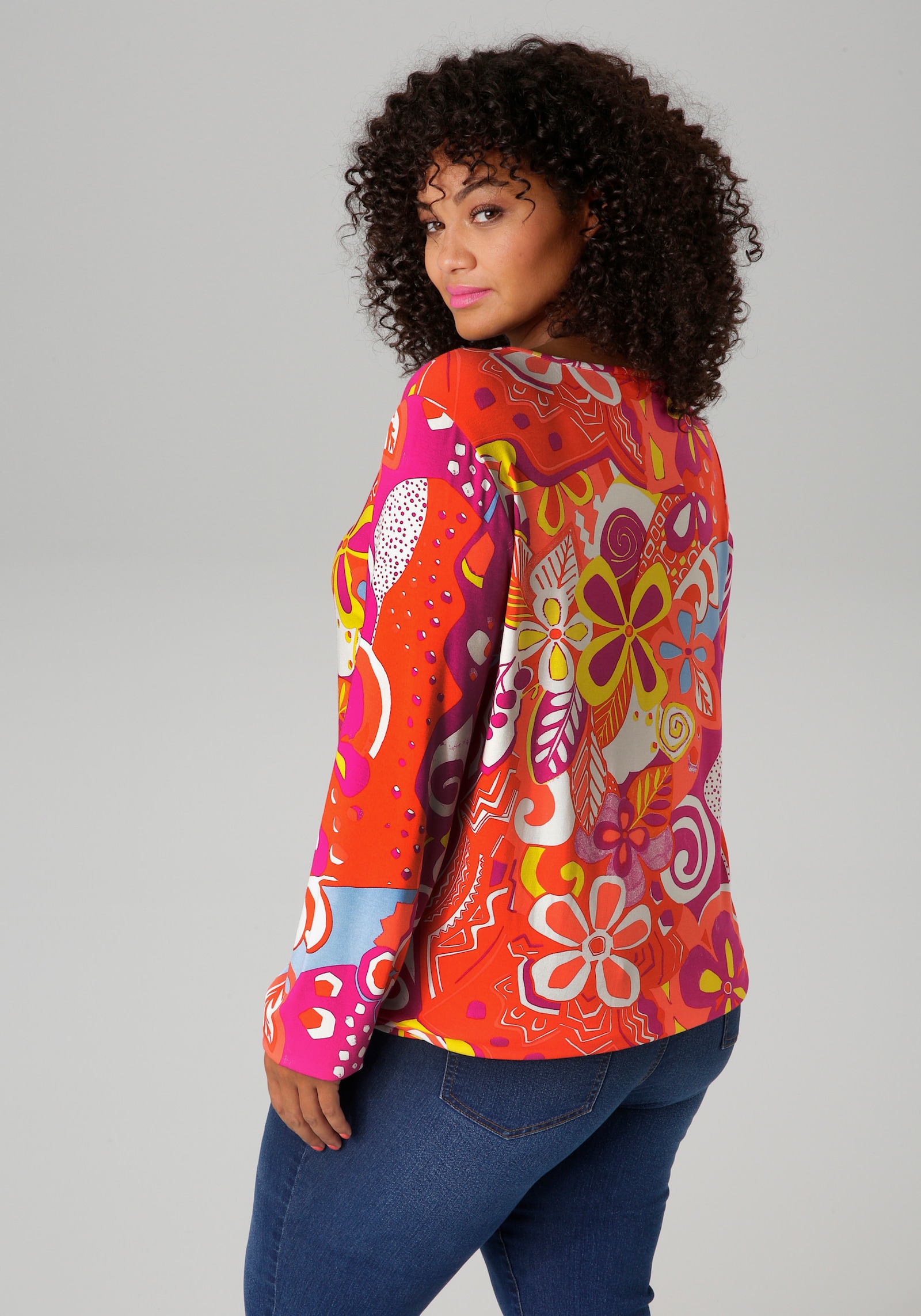 Aniston PLUS Langarmshirt - fuchsia-weiß-orangerot-gelb-türkis-hummer