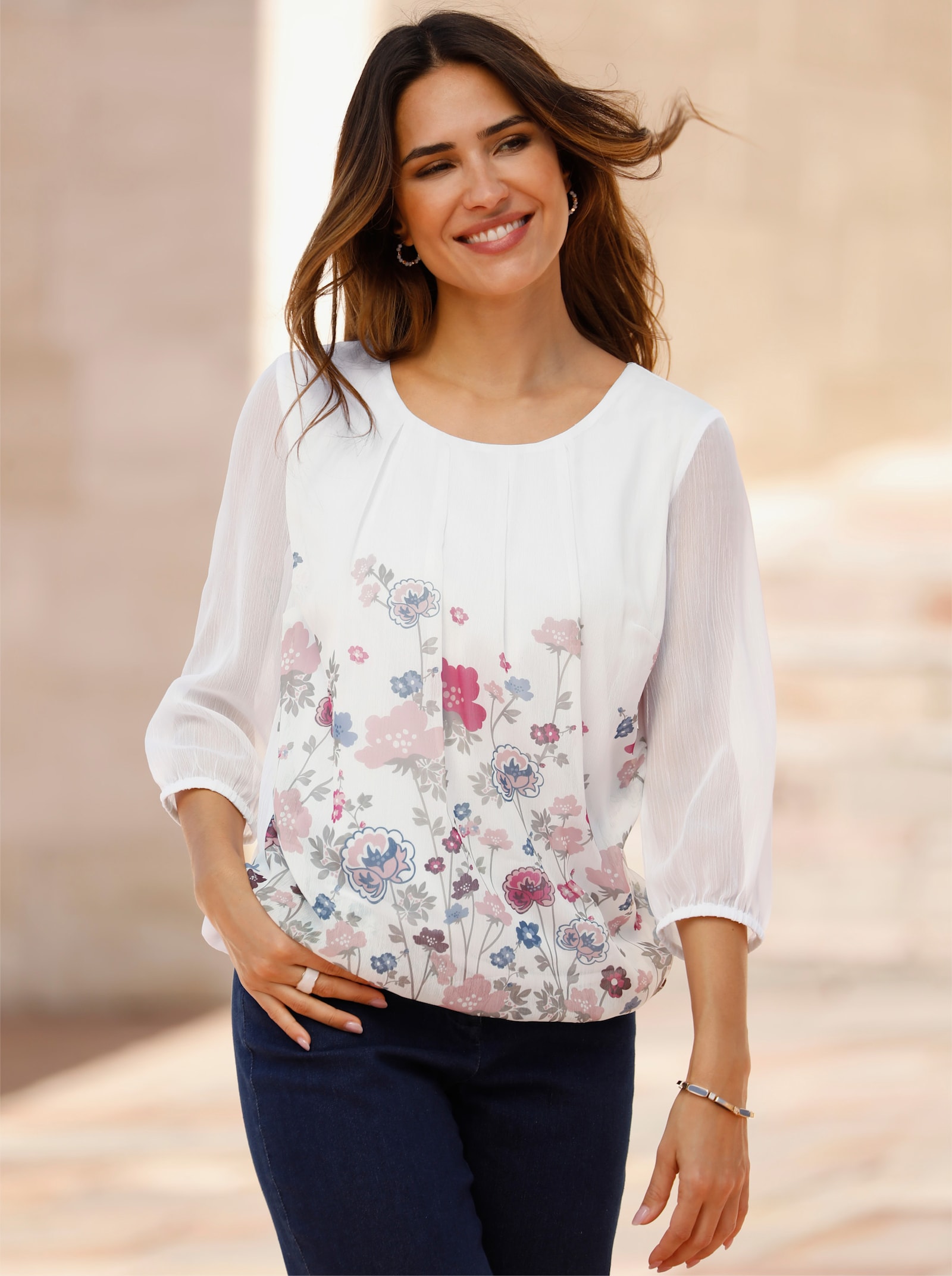 Tunika aus Chiffon, Blumen-Muster - ecru-hortensie-bedruckt