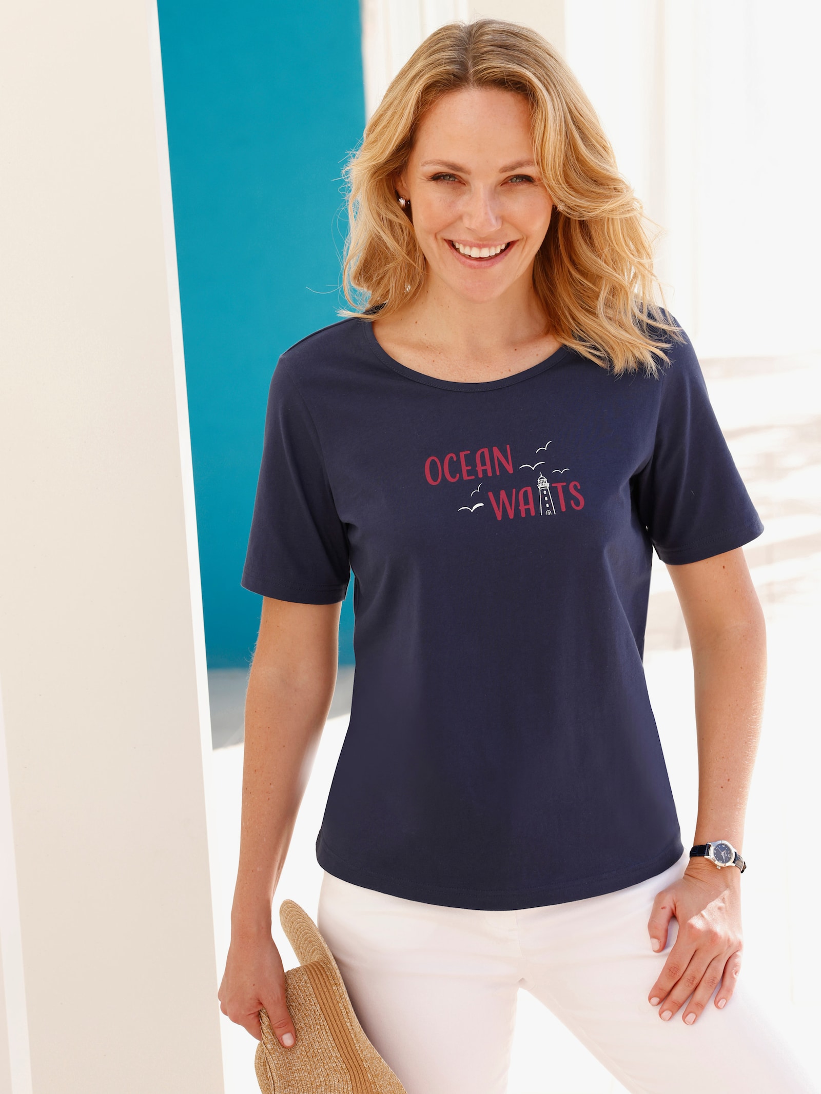 Shirt met korte mouwen en maritieme print - marine/wit