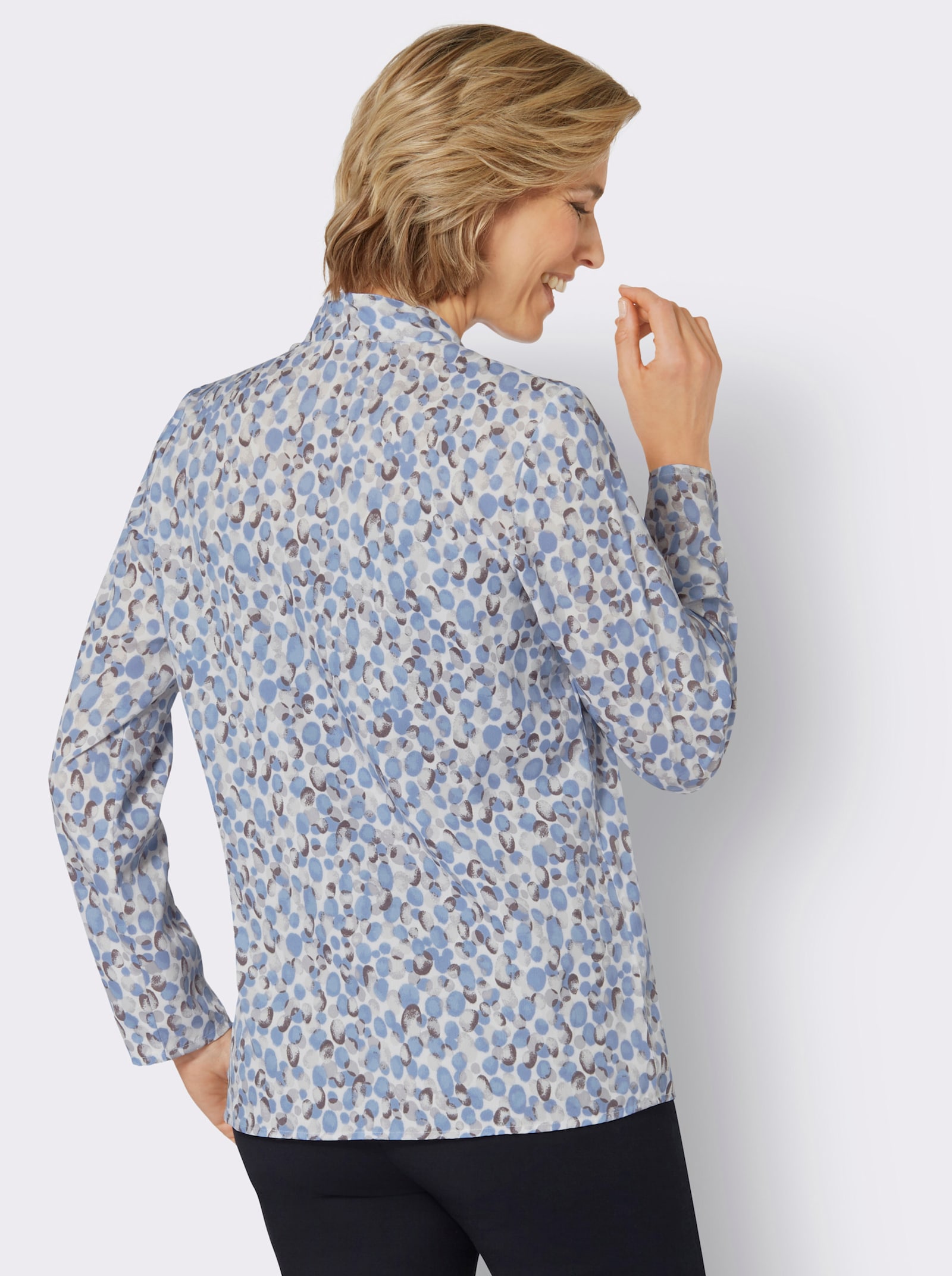 Blusenjacke in offener Form - eisblau-steingrau-bedruckt