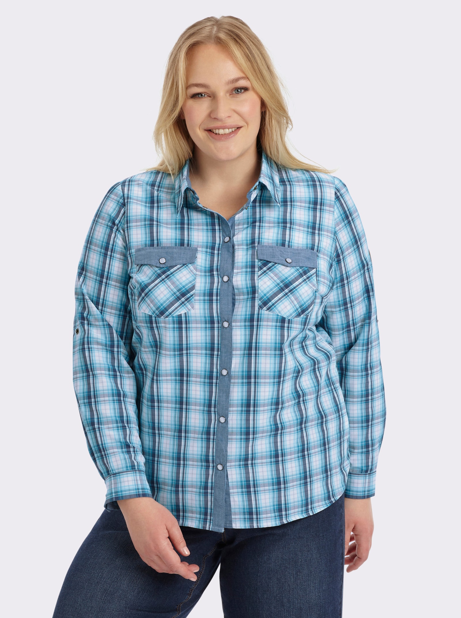 Karobluse mit aufgesetzten Brusttaschen - türkis-weiß-kariert