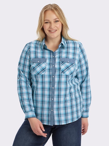 Karobluse mit aufgesetzten Brusttaschen - türkis-weiß-kariert