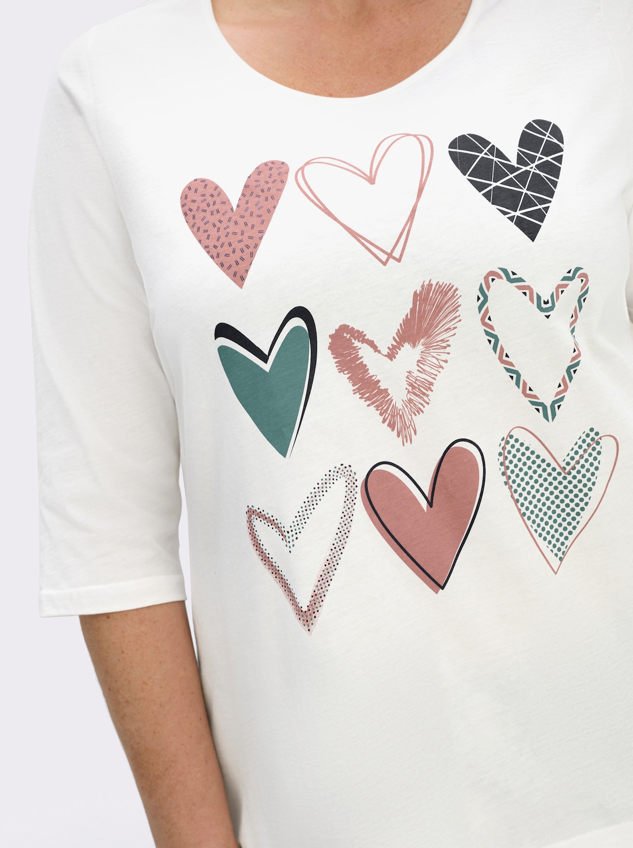 3/4-Arm-Shirt mit platziertem Herzmuster - ecru-marine