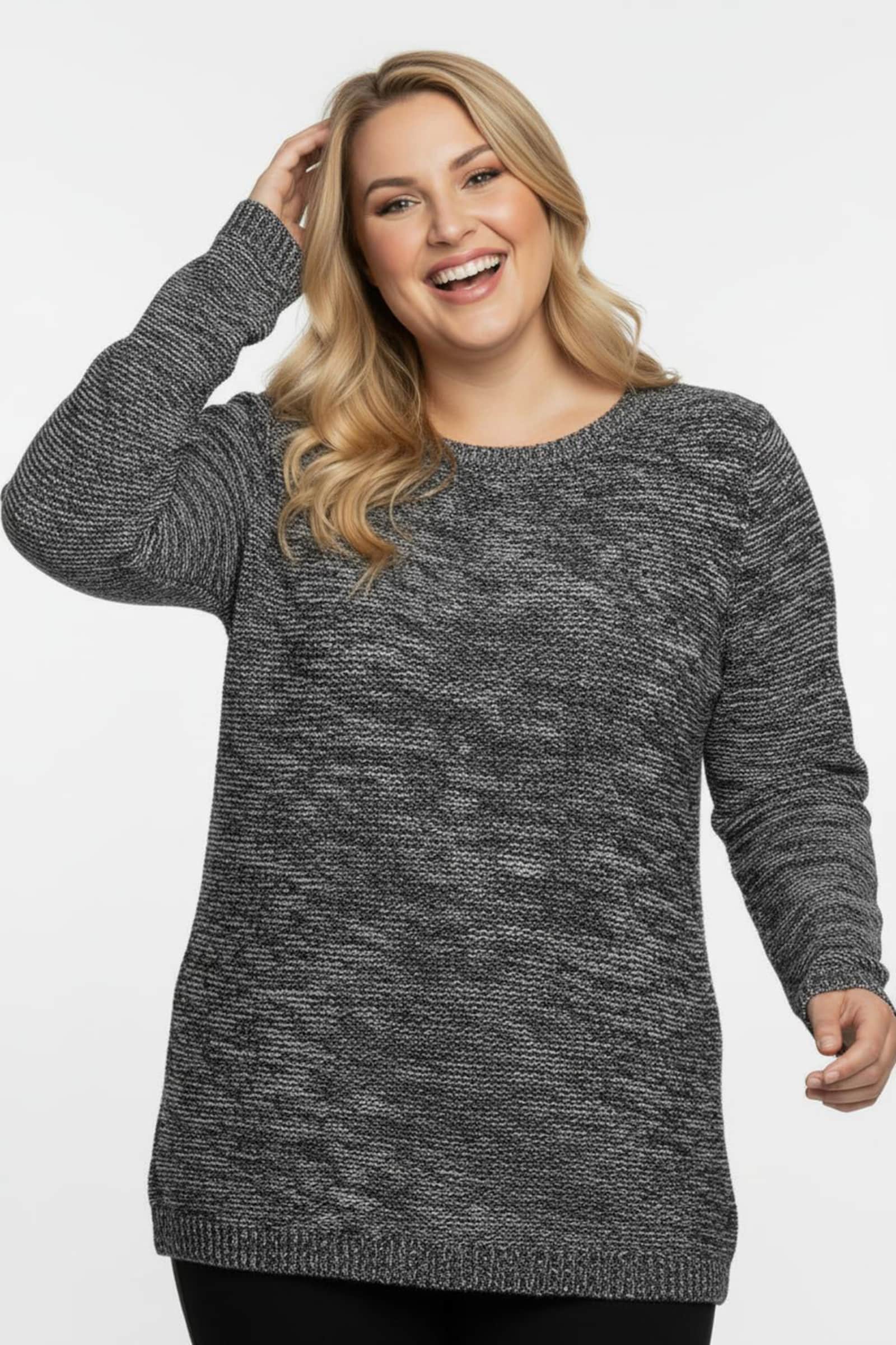 Rundhalspullover aus Melange-Strick - schwarz-meliert