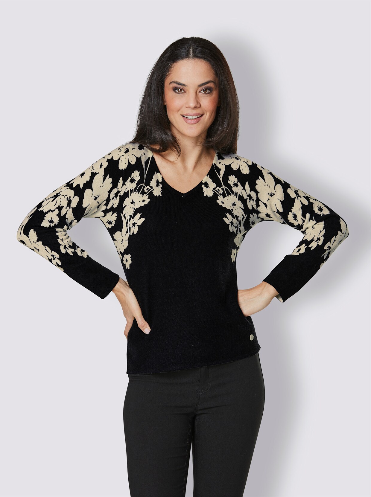 Creation L Premium Merino-Kaschmir-Pullover - graphit-ecru-bedruckt