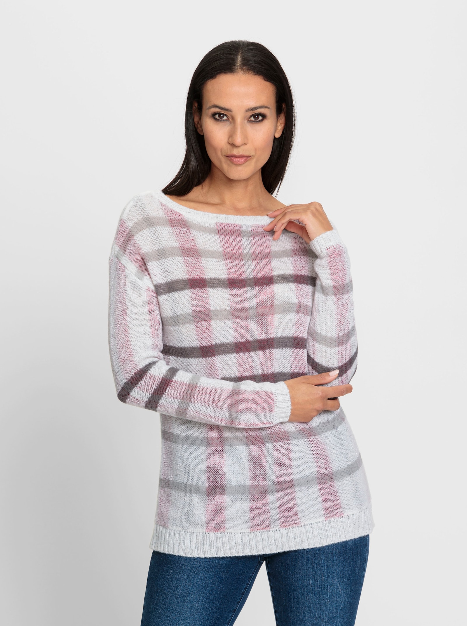 heine Jacquard-Pullover mit Glanzgarn - ecru-pink-kariert