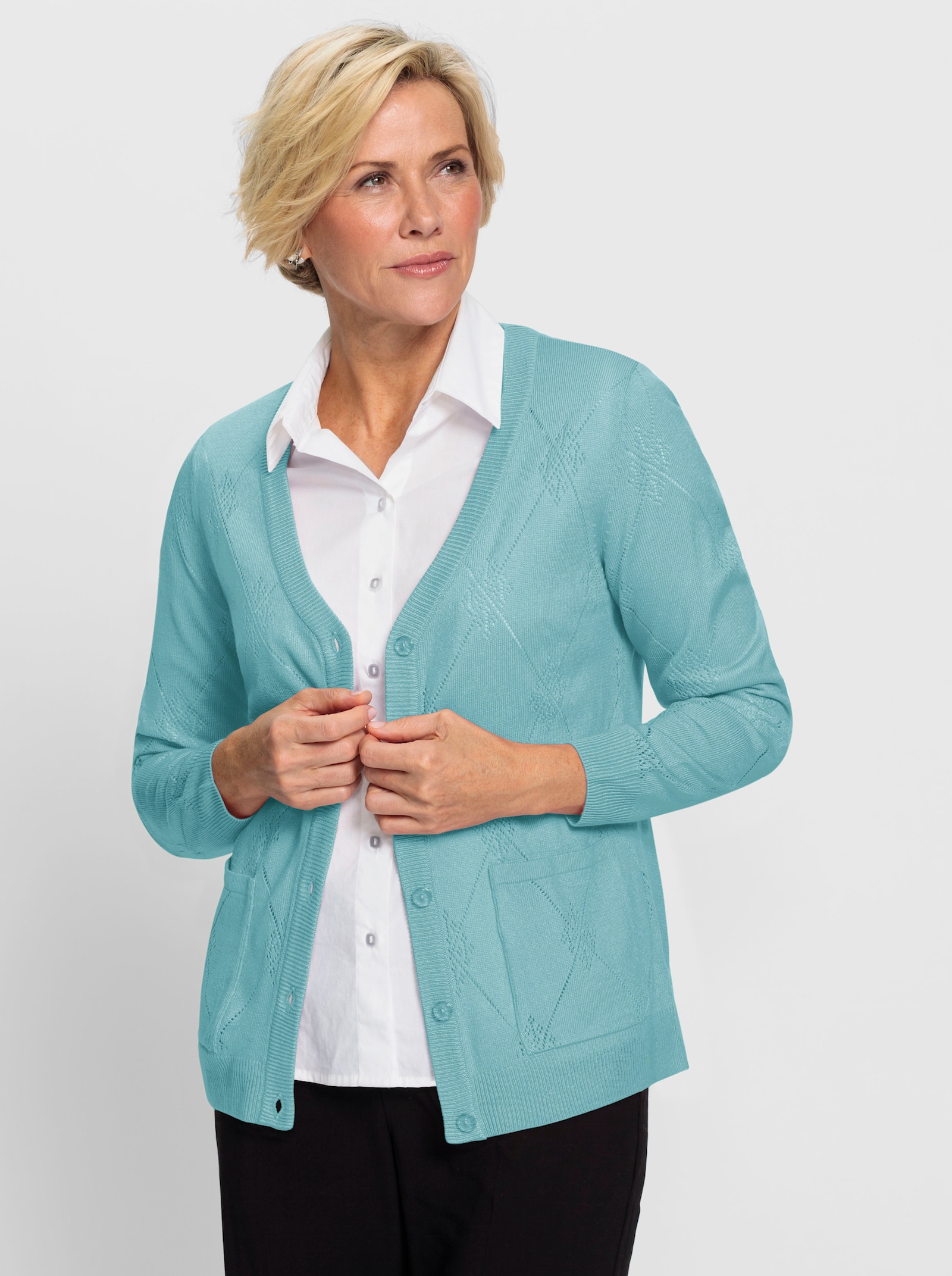 Ajourstrickjacke mit Rautenmuster - aquamarin