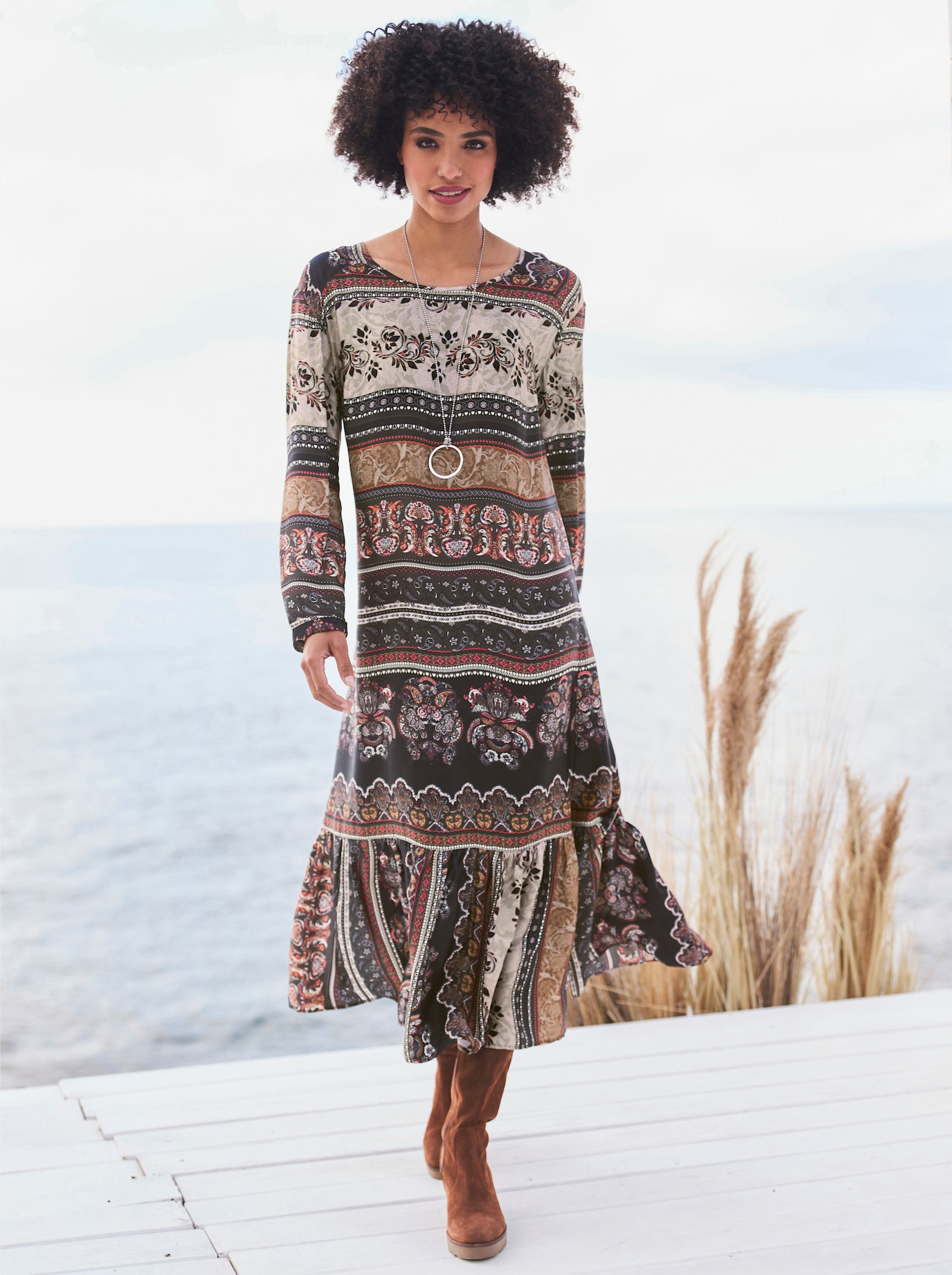 heine Druckkleid mit breitem Volant - braun-pink-bedruckt