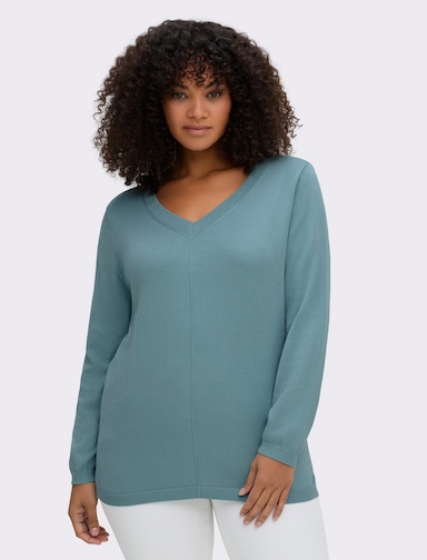 V-Ausschnitt-Pullover mit Biesen vorne - wintertürkis