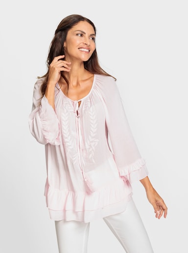 Schlupfbluse mit Blumenstickerei - hellrosé